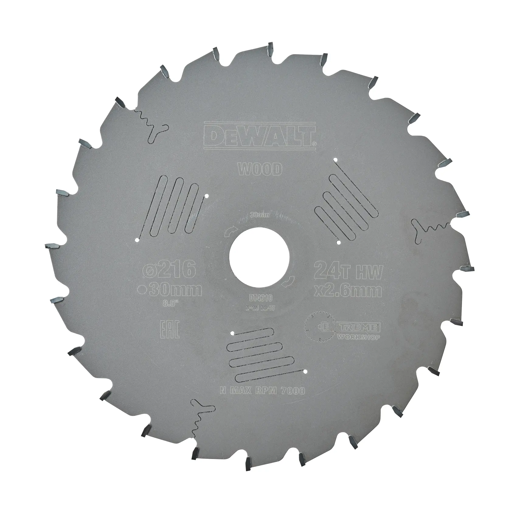 A DEWALT circular saw blade for cutting wood. The blade is metallic, features multiple teeth, and has technical markings such as diameter (216 mm), bore size (30 mm), thickness (2.6 mm), and number of teeth (24T). The center hole is visible and the product code DT4310 is printed on the blade.
