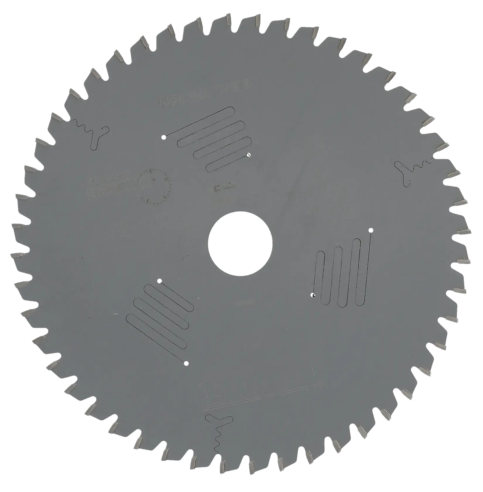 A circular saw blade with numerous teeth, made of metal. The blade has a central hole for mounting and several curved and straight cut-outs for stability and heat dissipation.