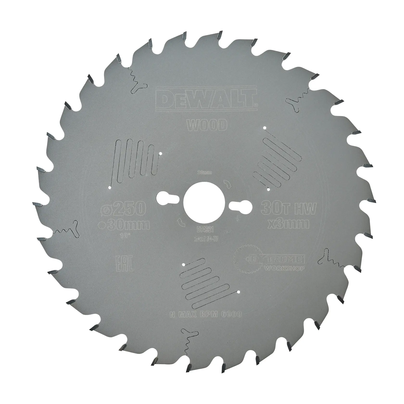 A DEWALT circular saw blade for wood, model DT4321, featuring 30 teeth, a diameter of 250mm, and a center hole of 30mm. The blade is grey with printed specifications and branding.