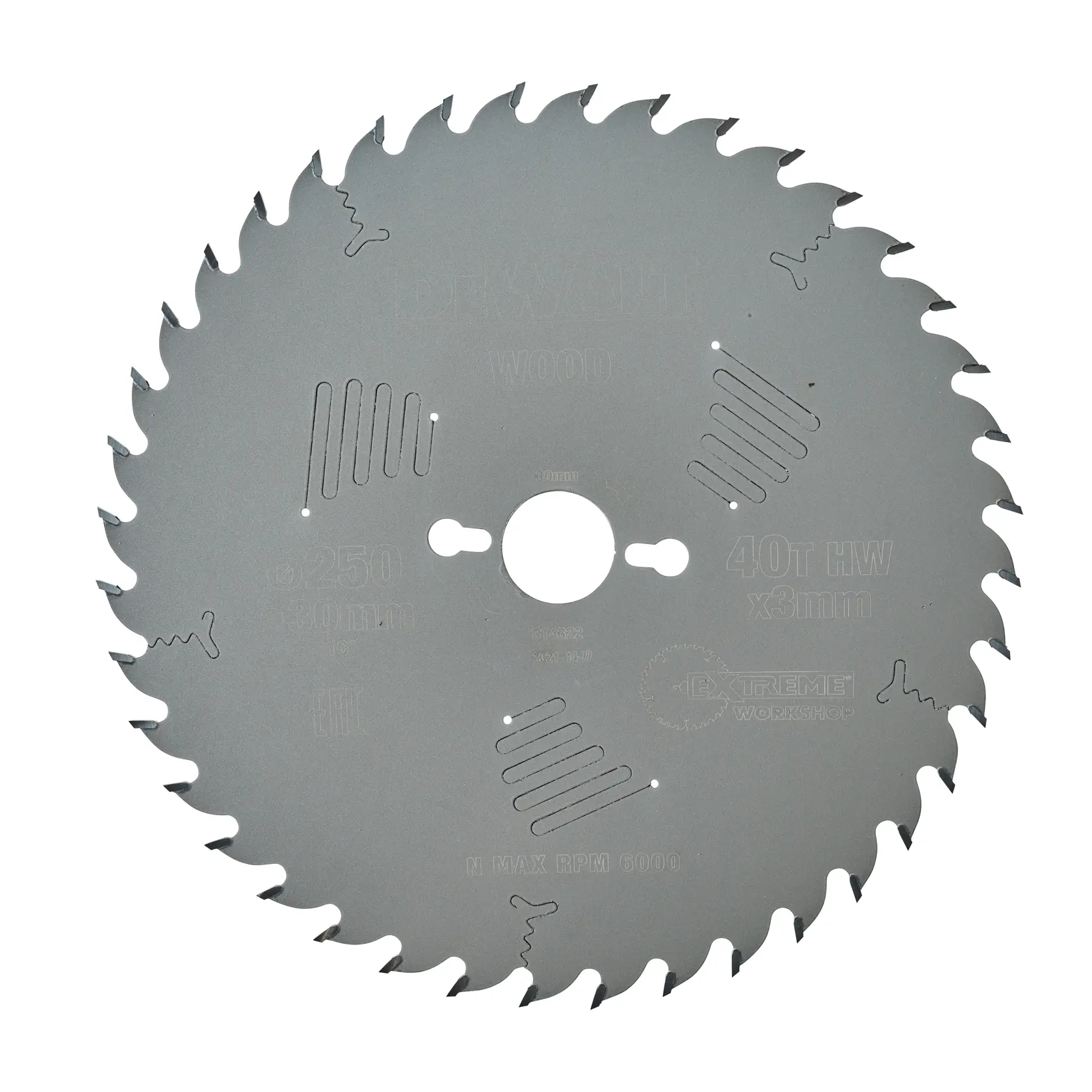Circular saw blade for wood cutting by DEWALT, model DT4322, featuring 40 teeth and central mounting hole.