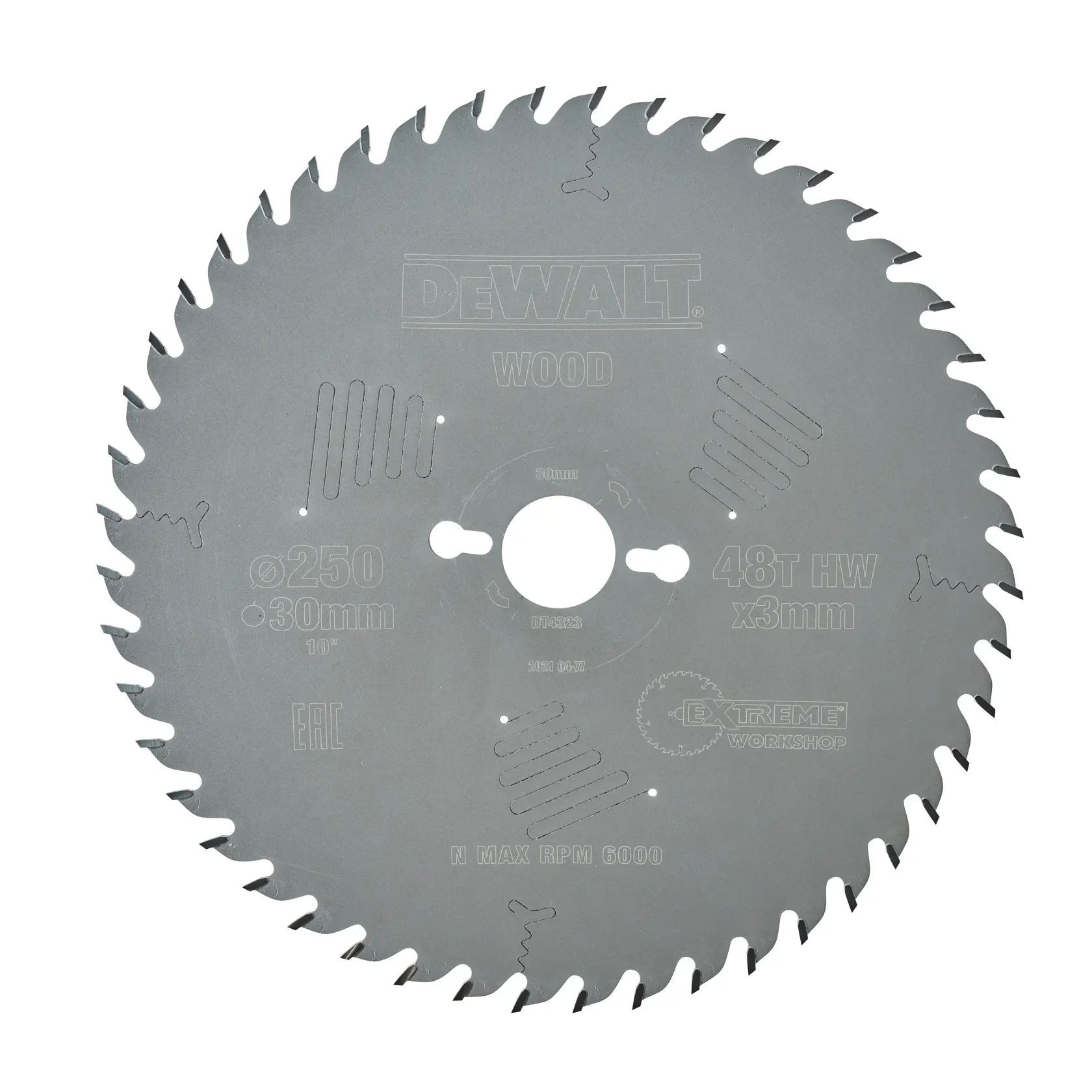 DEWALT DT4323 circular saw blade for wood, 250mm diameter, 30mm bore, 48 teeth, extreme workshop series, silver color.