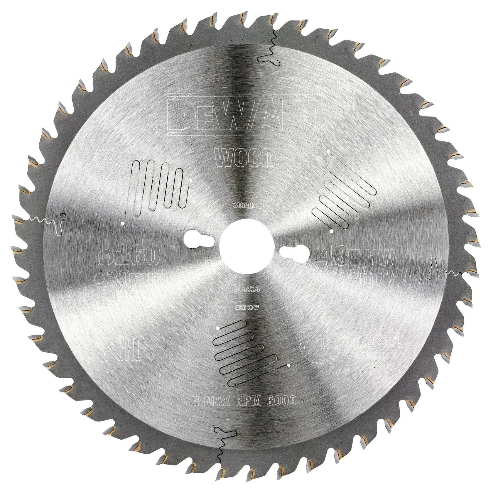 Ein Kreissägeblatt für Holz von DEWALT mit 48 Zähnen und einem Durchmesser von 260 mm. Das Blatt ist aus Metall mit eingravierten Angaben und einem zentralen Befestigungsloch.