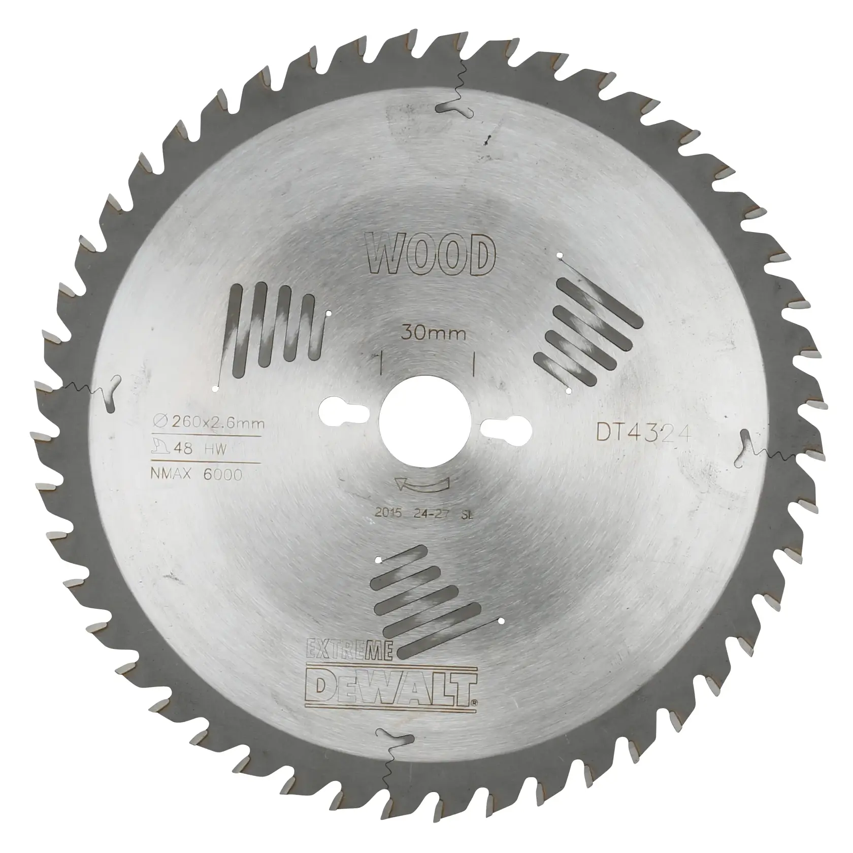 Ein Kreissägeblatt zum Holzschneiden von DEWALT, Modell DT4324, mit 48 Zähnen und einer Bohrung von 30 mm. Maximale Drehzahl: 6000 U/min.