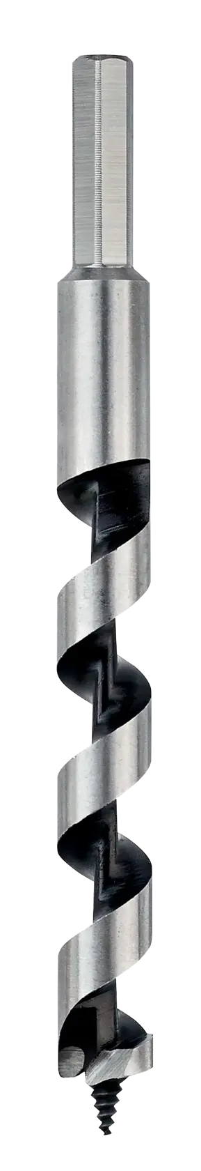A metal auger drill bit with a hexagonal shank, designed for wood drilling, shown upright on a white background.
