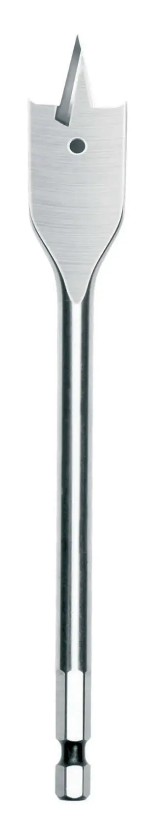 A DEWALT flat wood drill bit with a hex shank, shown vertically on a white background.