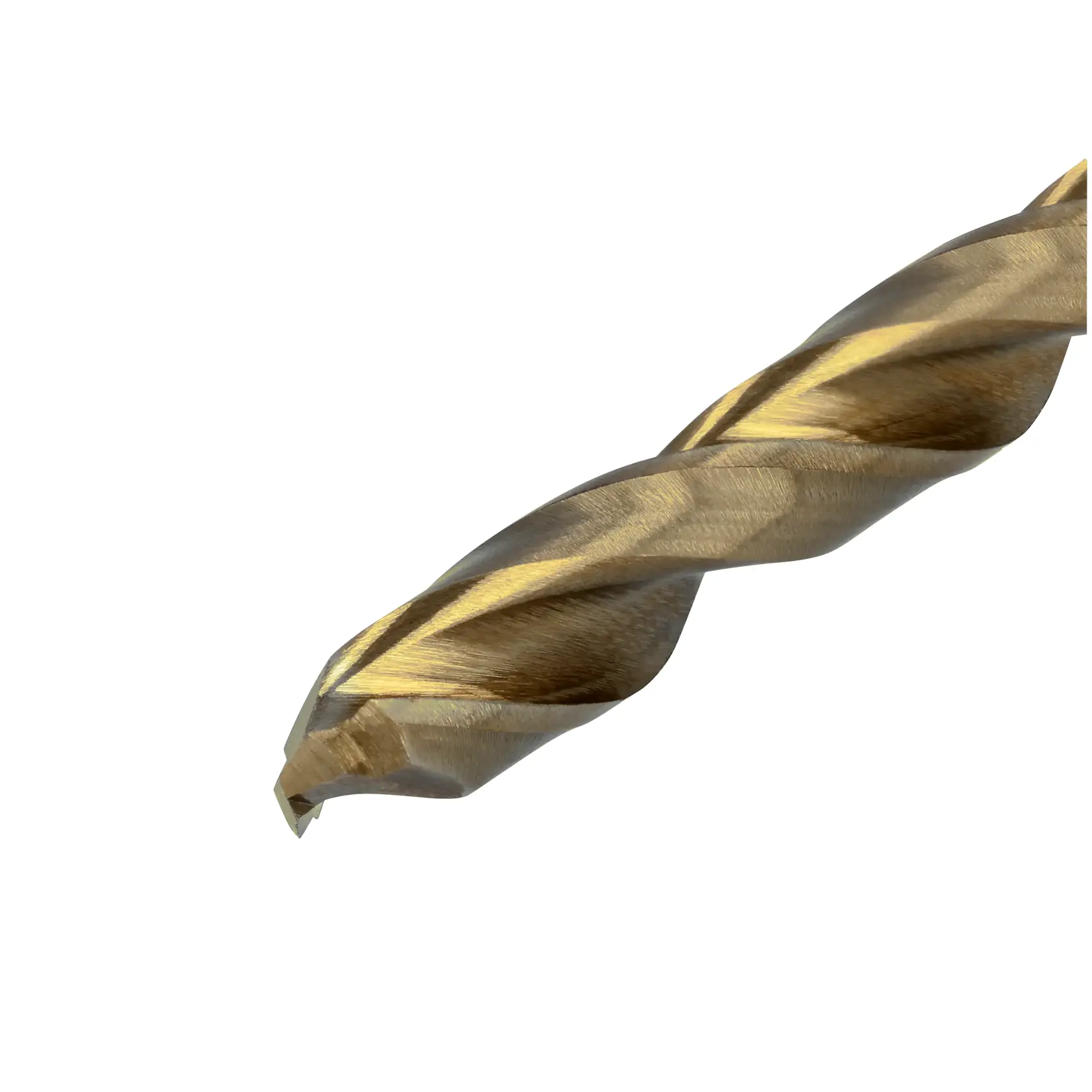 Close-up of a DEWALT DT4927 metal drill bit with gold finish, showing the sharp tip and spiral flutes.