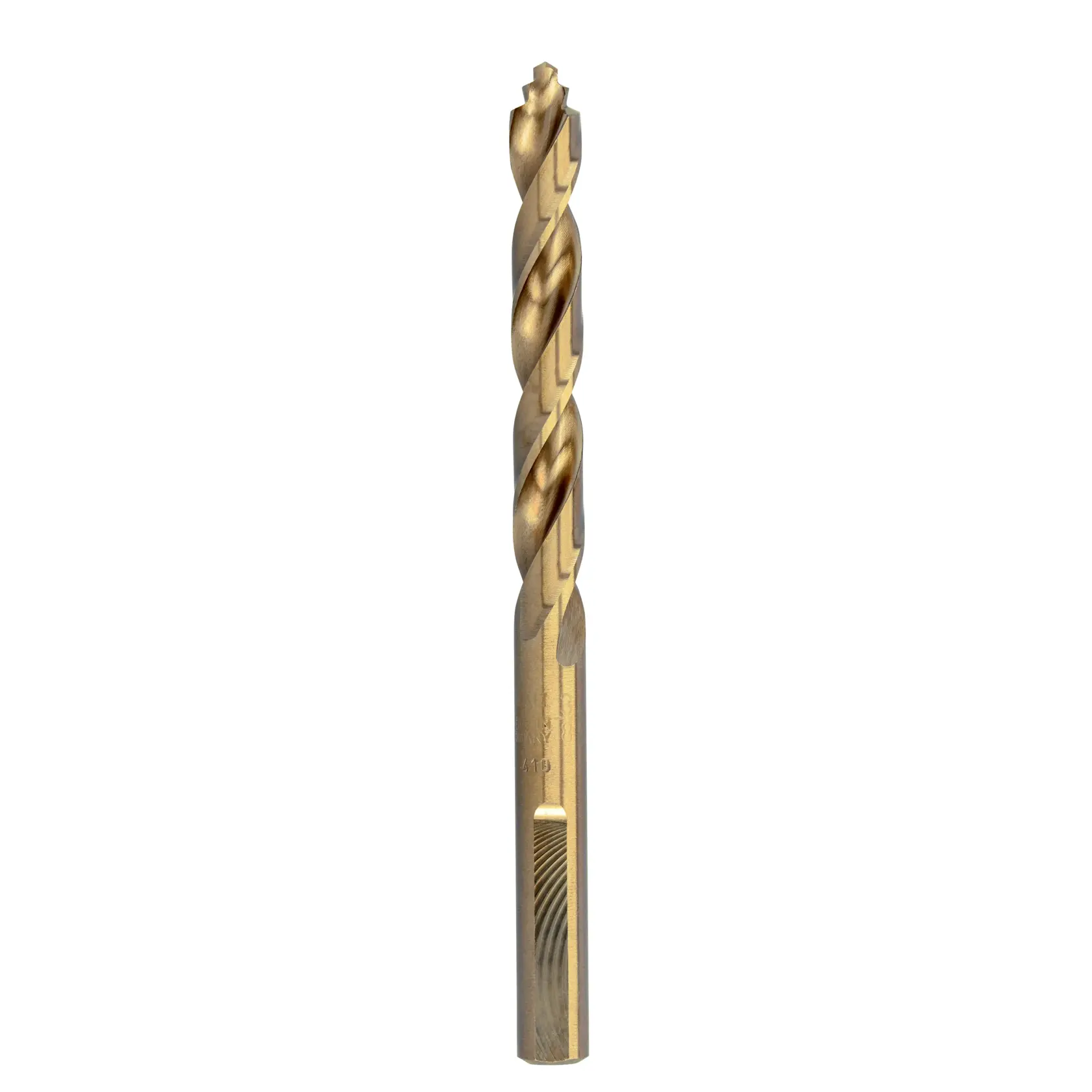 A single DEWALT gold-colored drill bit with spiral grooves, shown upright on a white background.