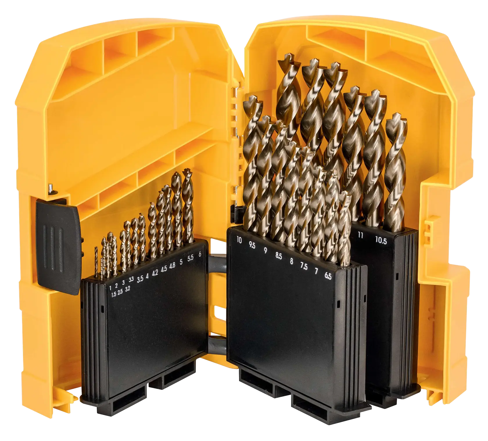 Ein gelber DEWALT-Kasten, der geöffnet ist und verschiedene Metallbohrer nach Größe sortiert zeigt, mit schwarzen Halterungen und Zahlenkennzeichnungen von 1 bis 10,5.