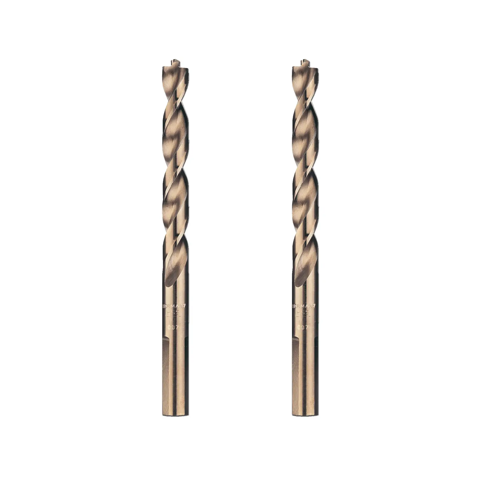 Two metallic twist drill bits with a bronze finish are shown standing upright side by side on a white background.