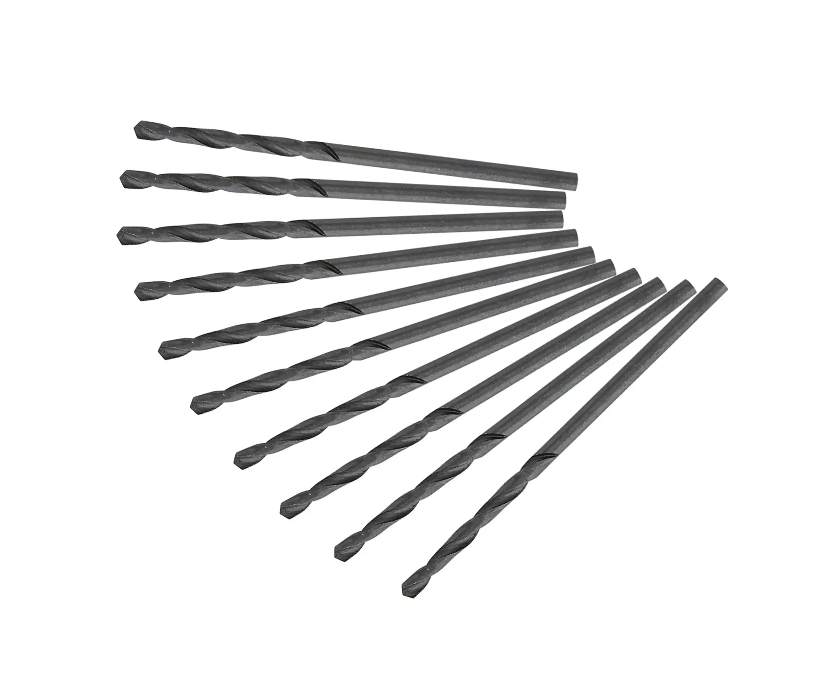 Ten DEWALT metal drill bits arranged in a fan pattern on a white background.