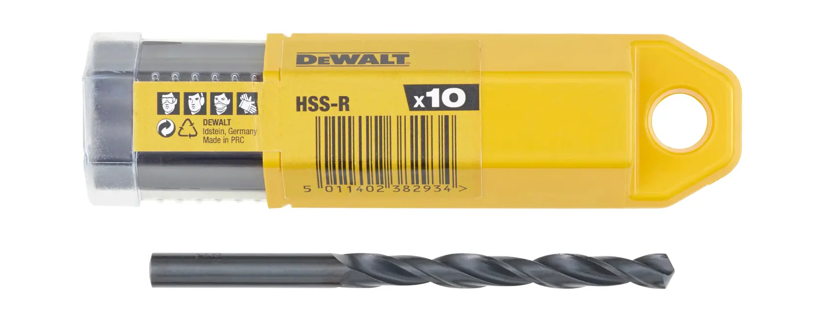 DEWALT DT5147 HSS drill bit and yellow plastic case for bits, shown side by side on a white background.