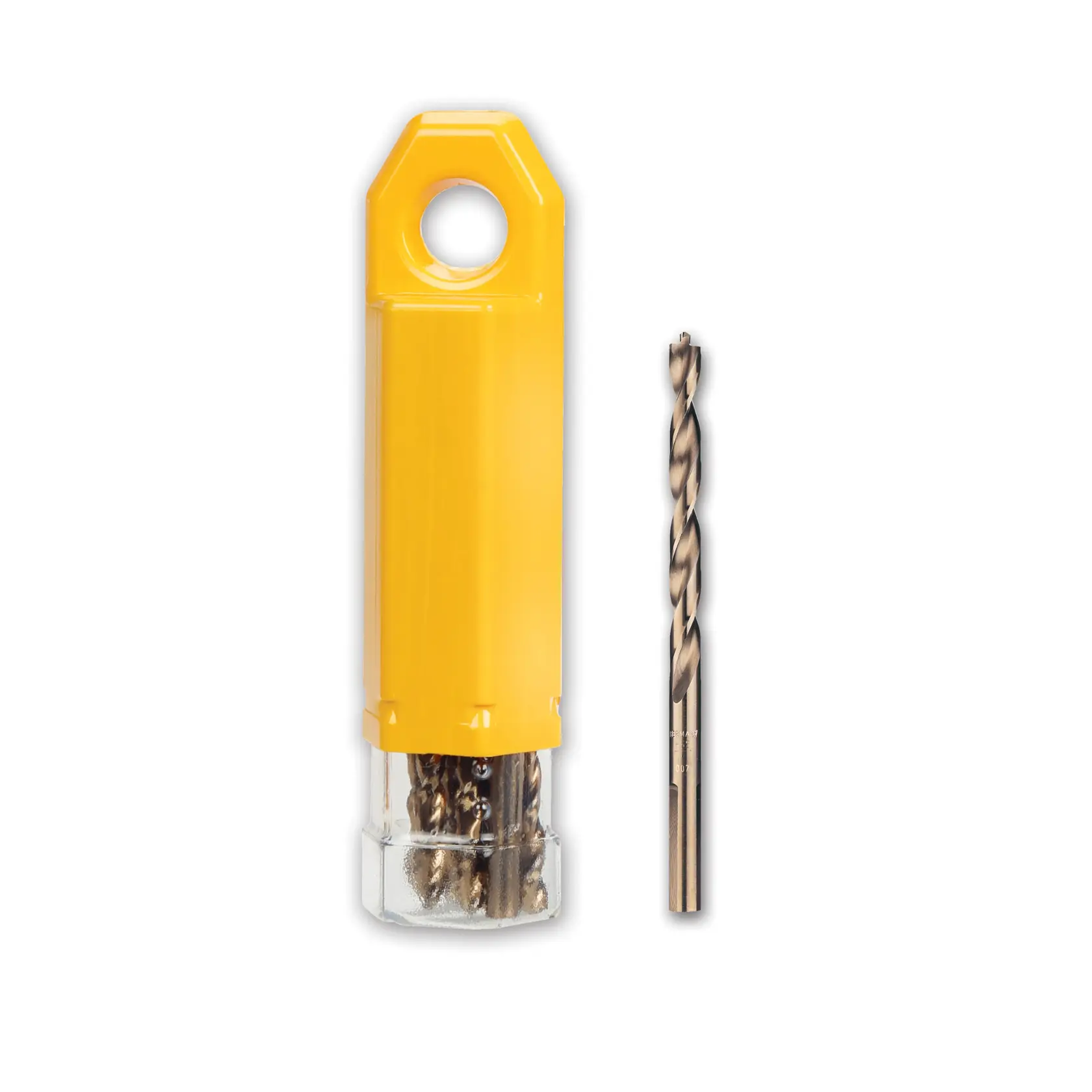 Juego de brocas DEWALT en estuche amarillo, una broca junto al contenedor cerrado.