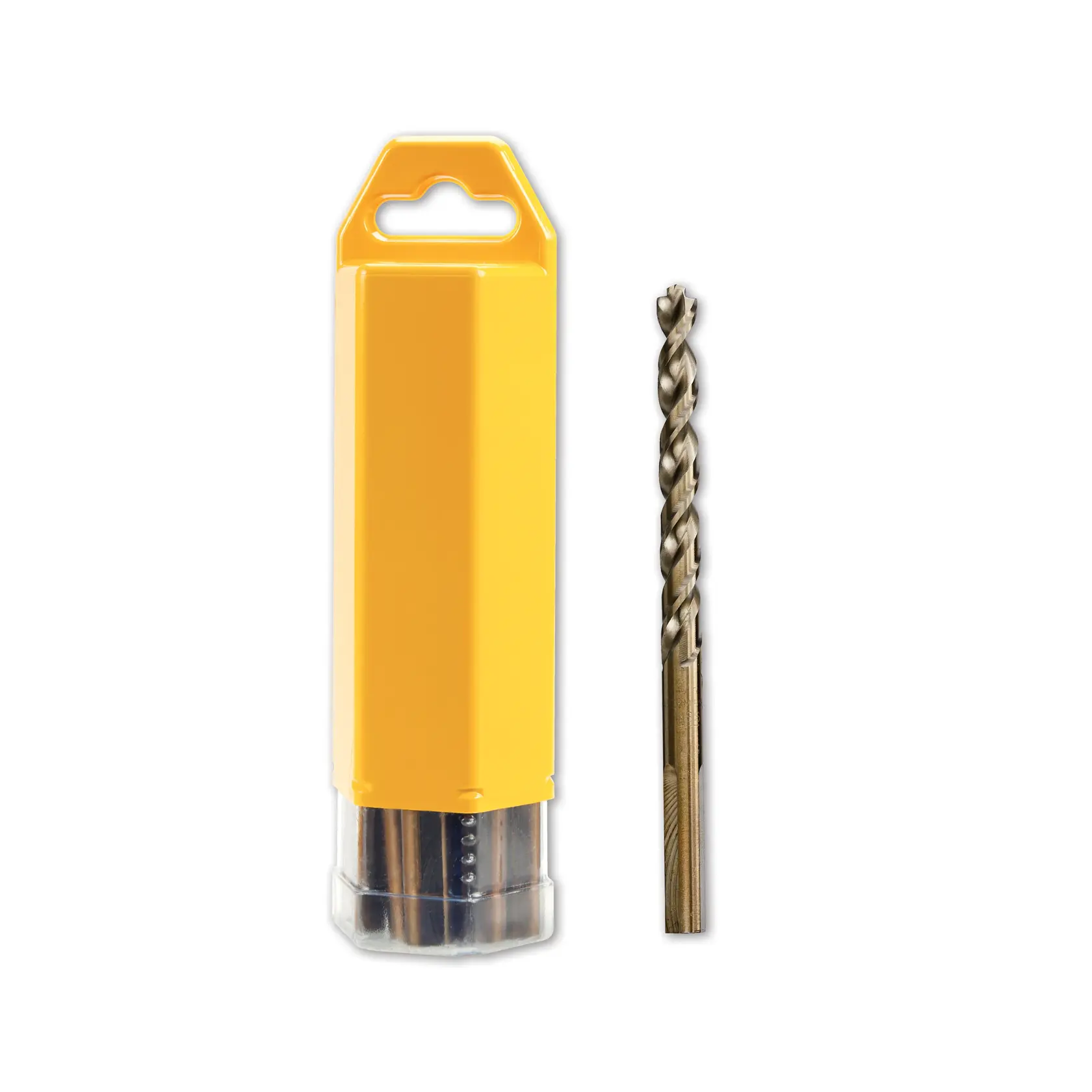 Broca DEWALT con estuche de plástico amarillo, mostrada junto a fondo blanco.