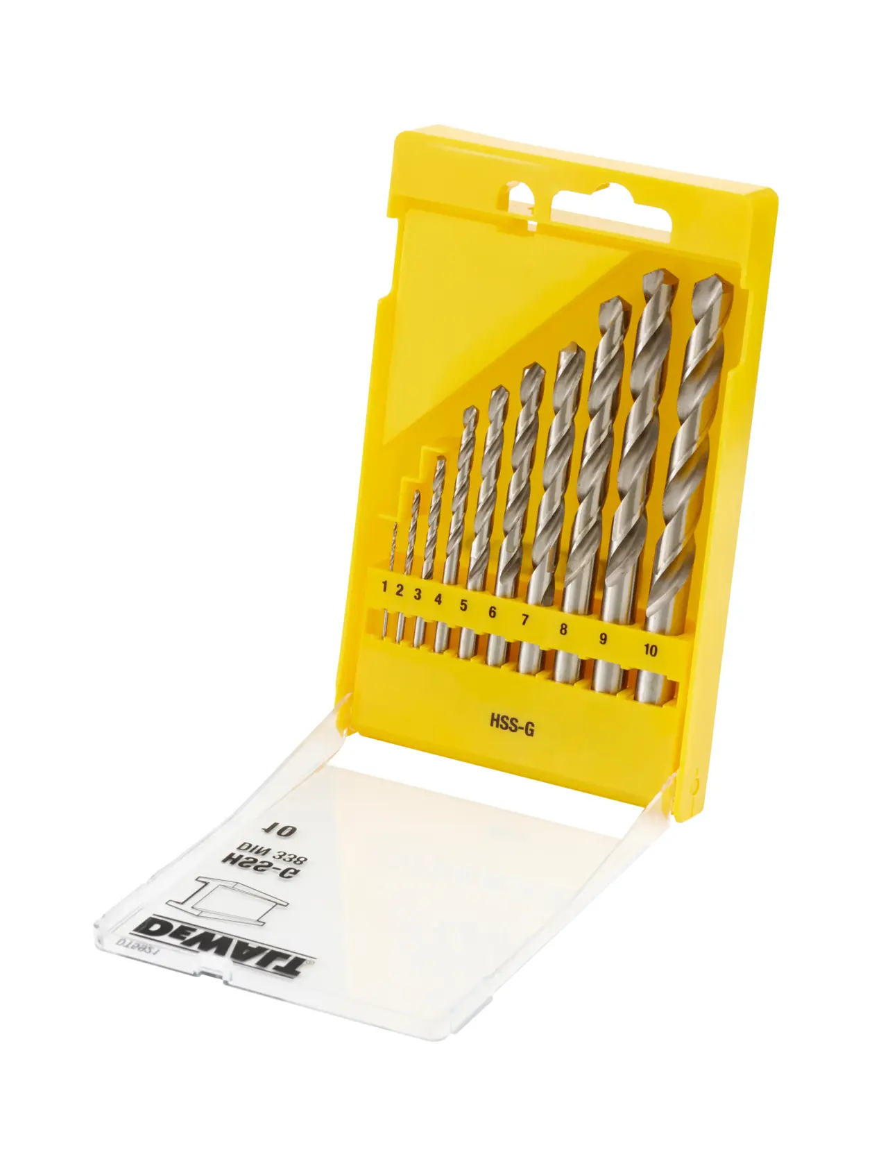 A yellow plastic case containing a set of ten metal drill bits of varying sizes, arranged in ascending order. The case is open, displaying the drill bits and a clear plastic lid with DEWALT branding.