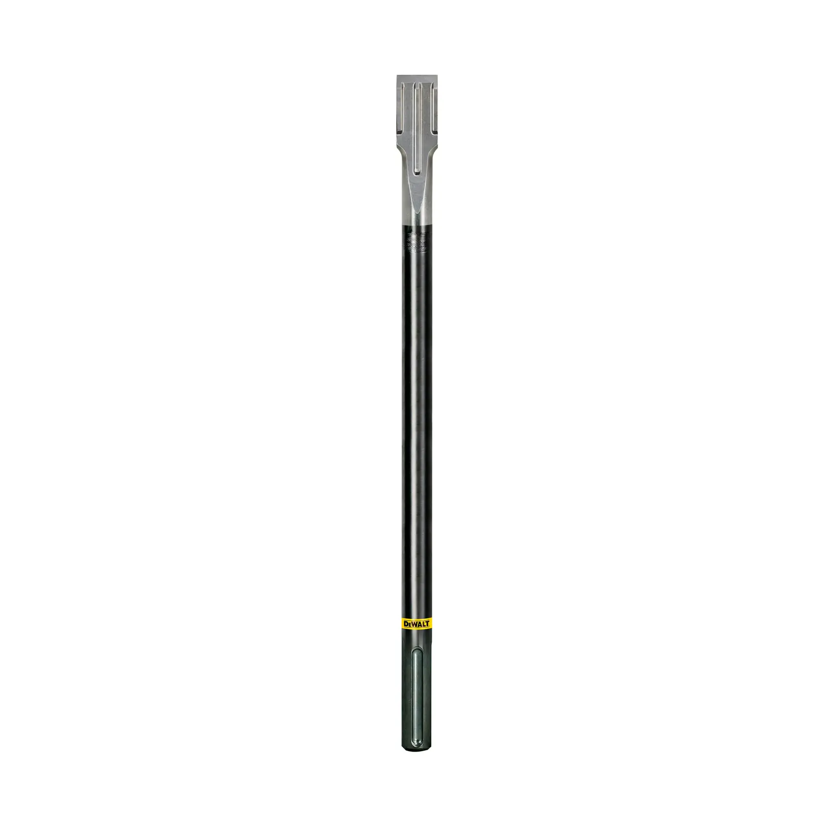 A long, straight DEWALT chisel bit with a flat spade tip and an SDS shank, used for demolition or chiselling applications.