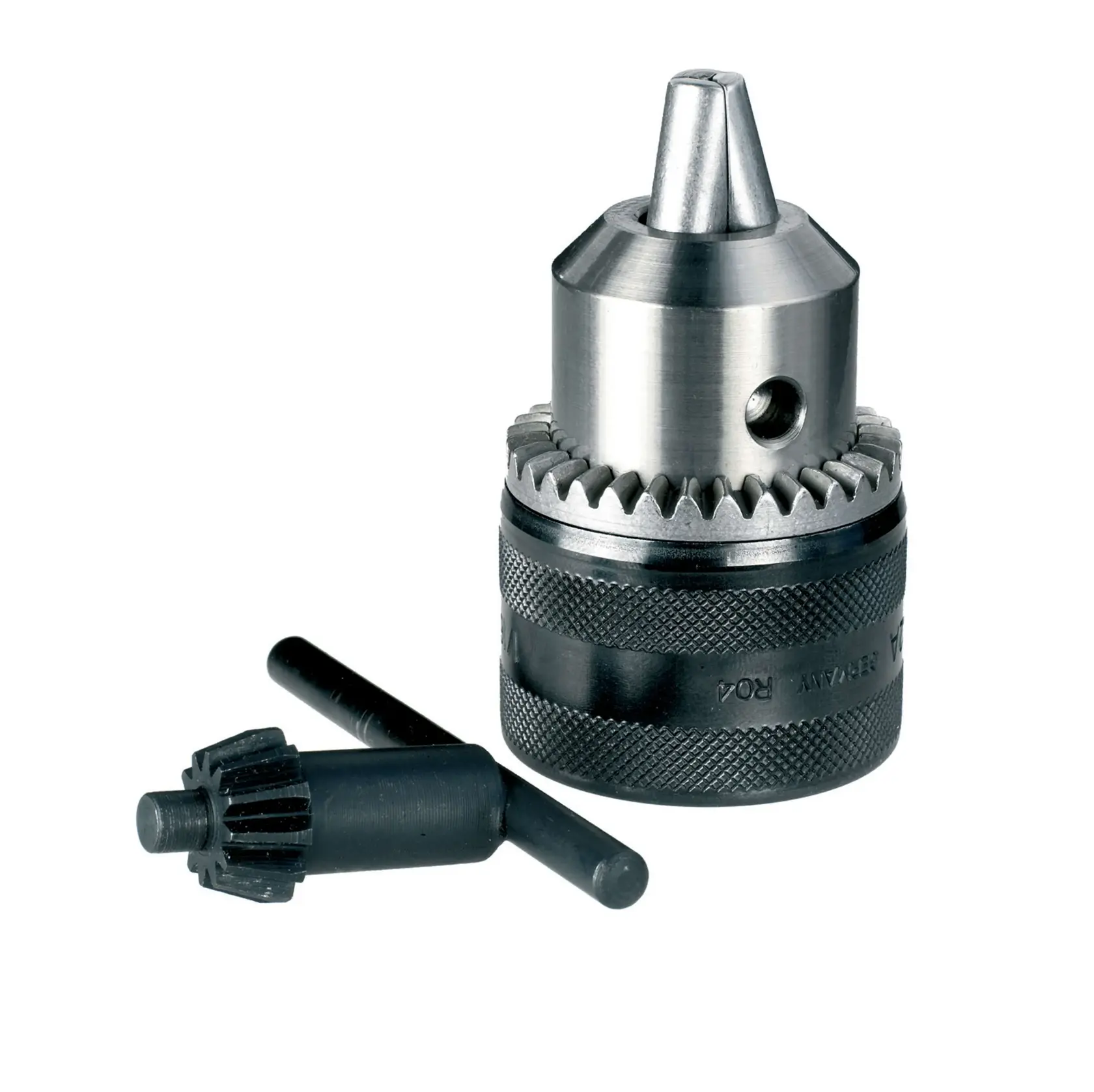 A metal drill chuck with a matching chuck key tool, used for securing drill bits in power tools.