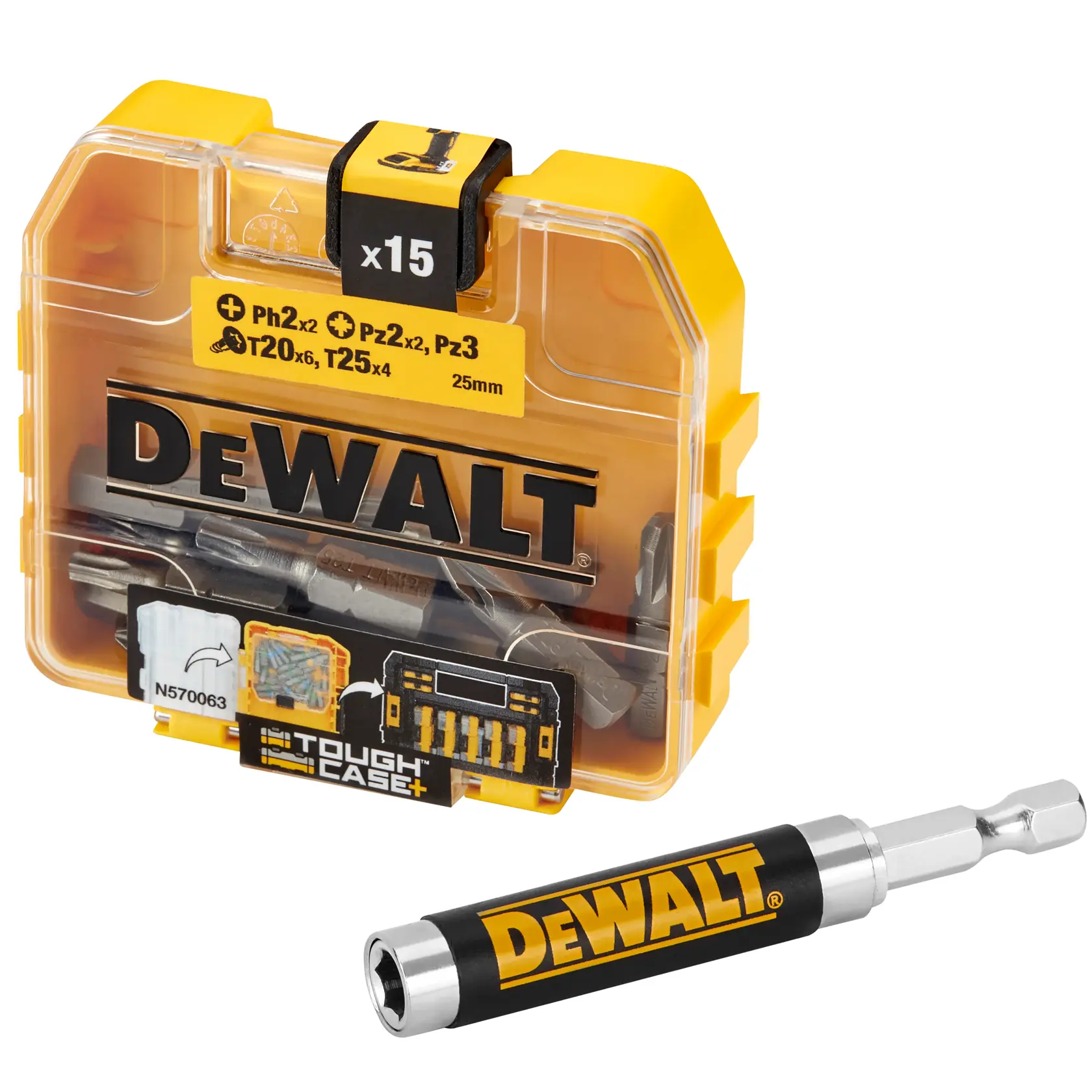 A DEWALT Tough Case+ containing a 15-piece screwdriver bit and accessory set, with a bit holder attachment shown in front. The case is yellow and clear with prominent DEWALT branding and a label listing the included bit types and sizes.