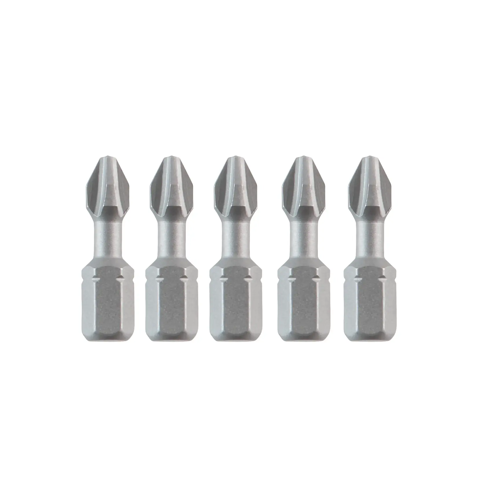 A row of five identical Phillips screwdriver bits with hex bases, aligned vertically on a white background.