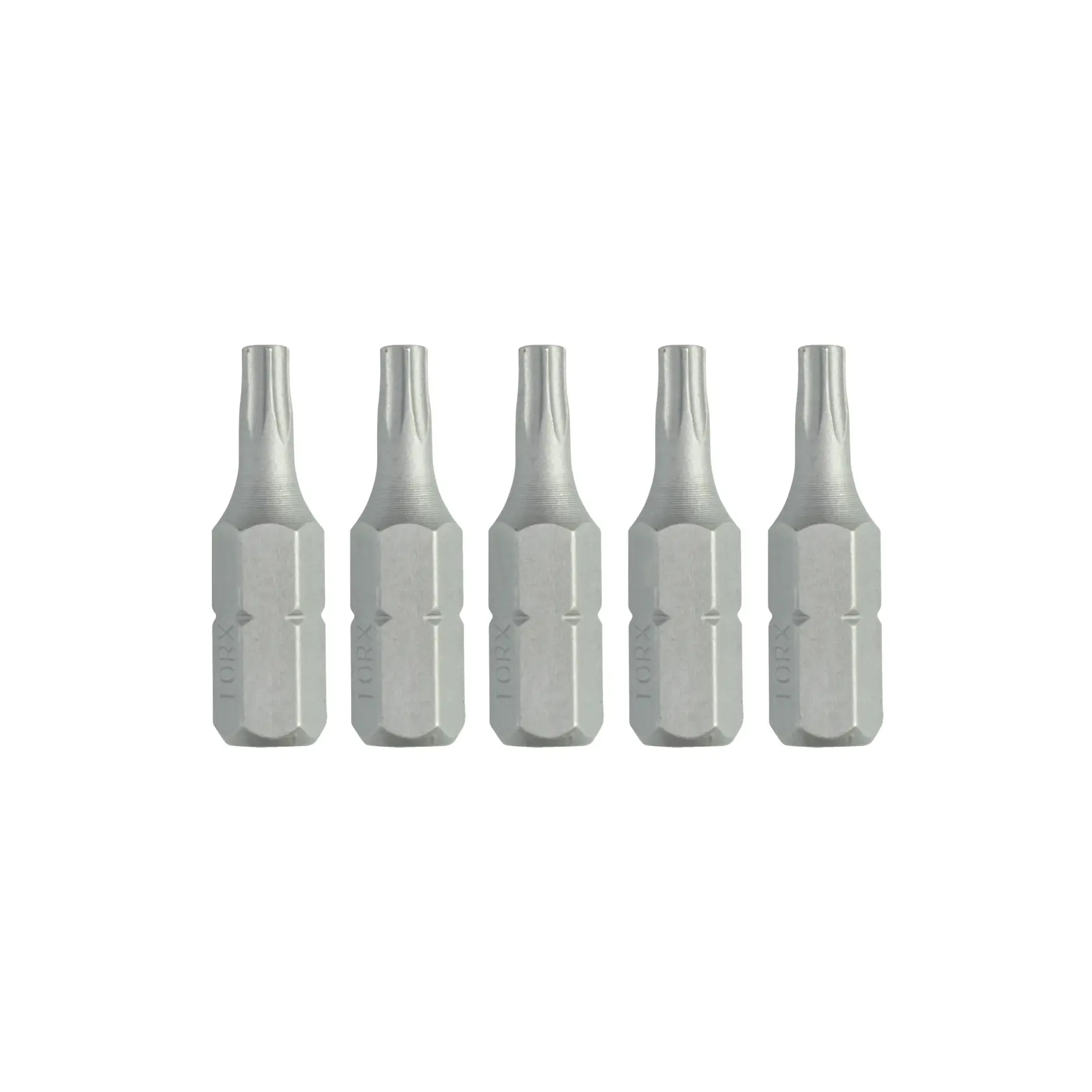 Five identical DEWALT Torx screwdriver bits arranged in a row against a white background.