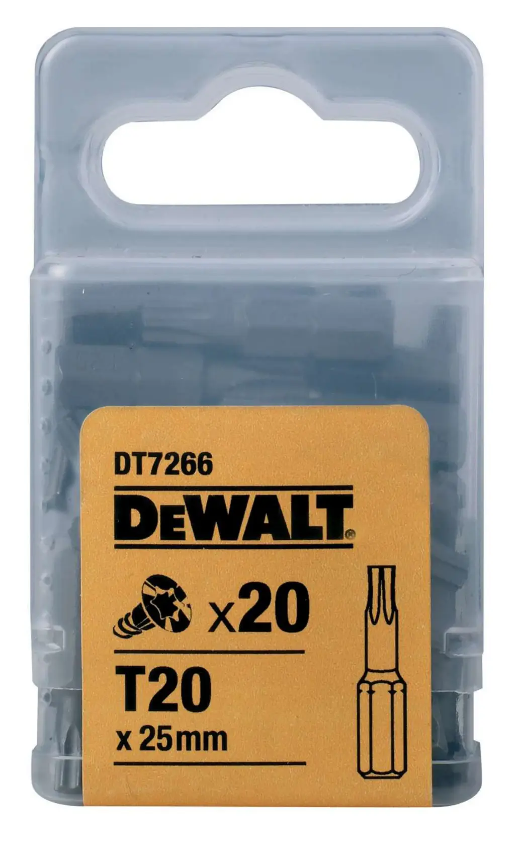 Caja transparente DEWALT DT7266 con 20 puntas de destornillador T20 de 25mm.