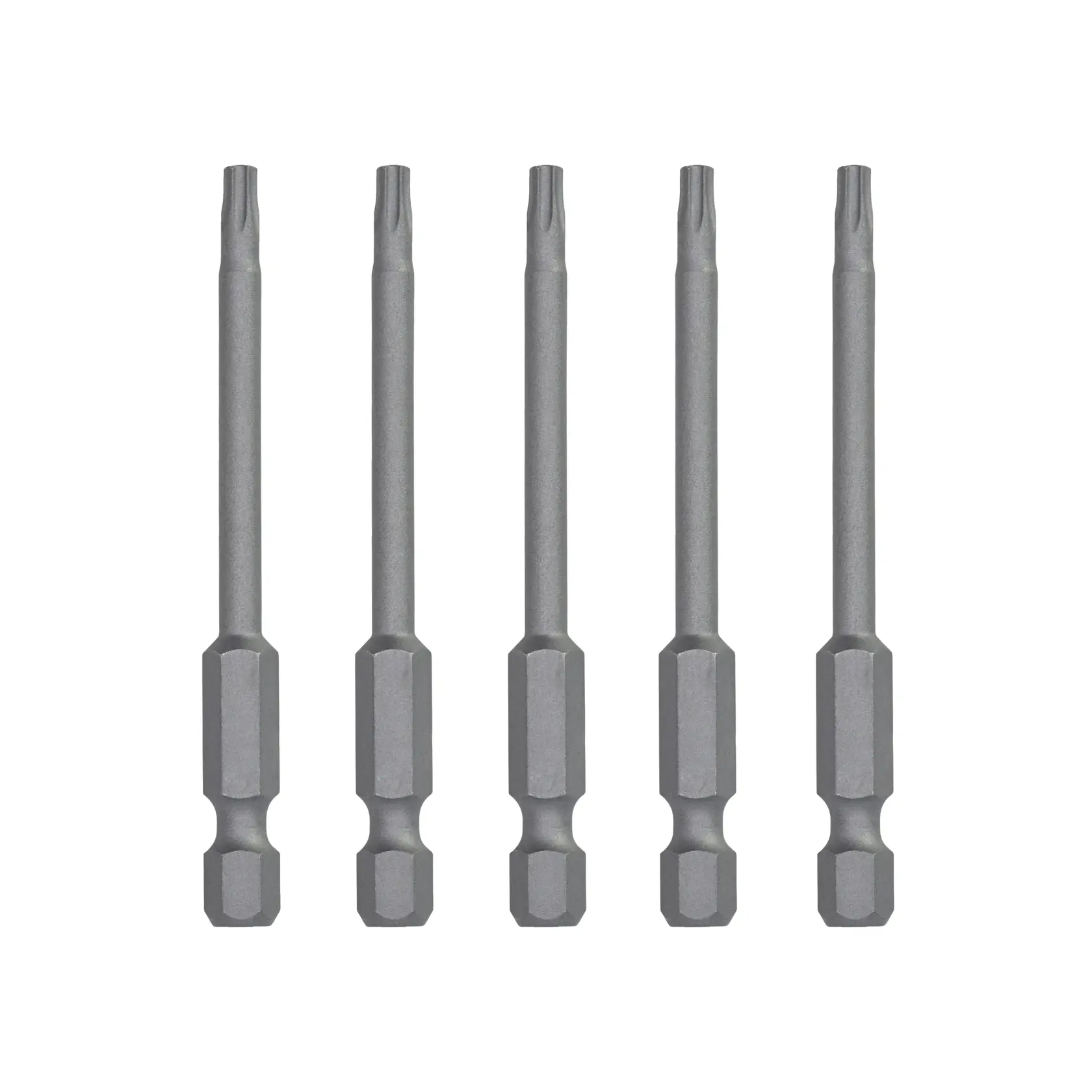 A set of five identical DEWALT long hex screwdriver bits standing vertically in a line on a white background.