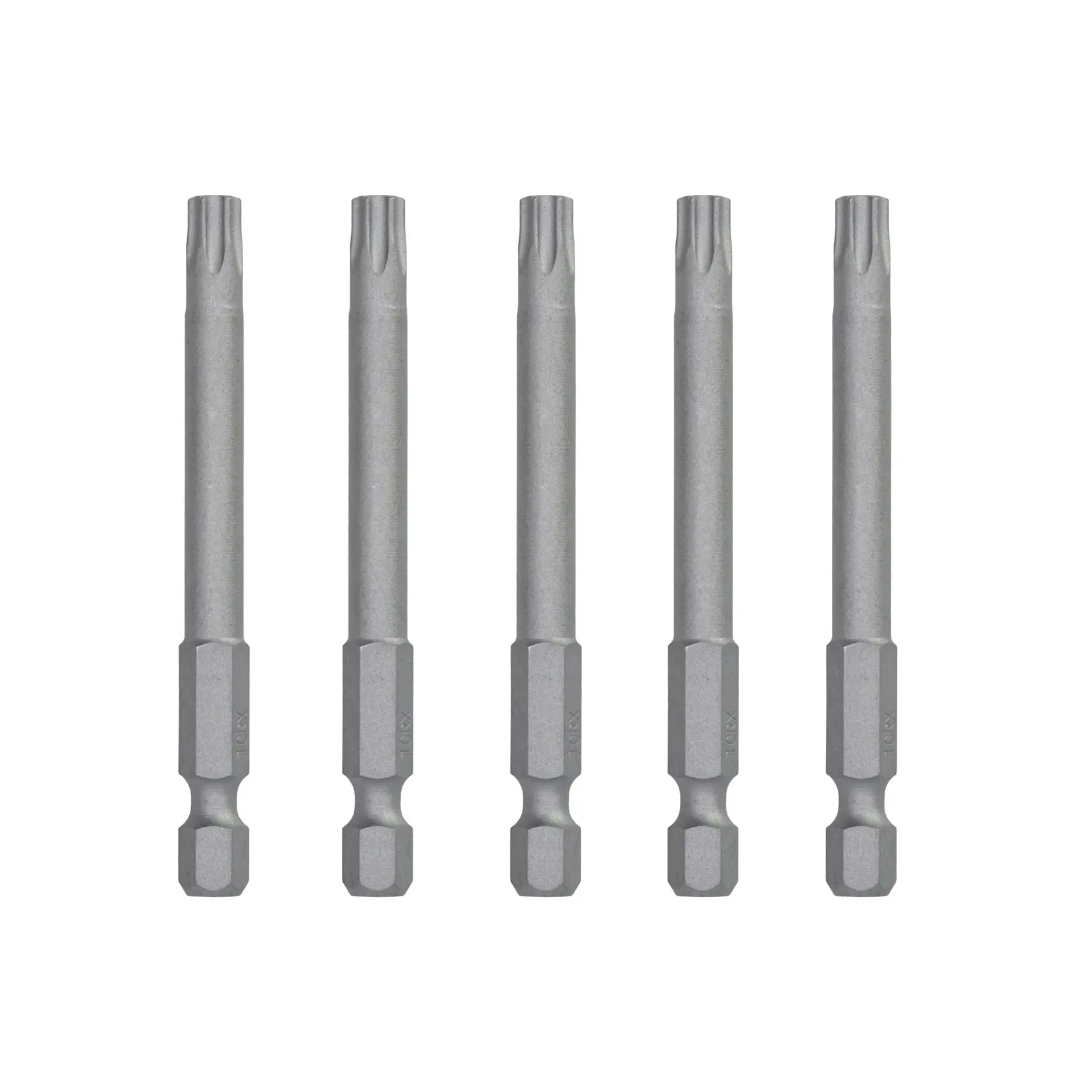 A set of five DEWALT screwdriver bits with hex shanks, arranged in a row on a white background.