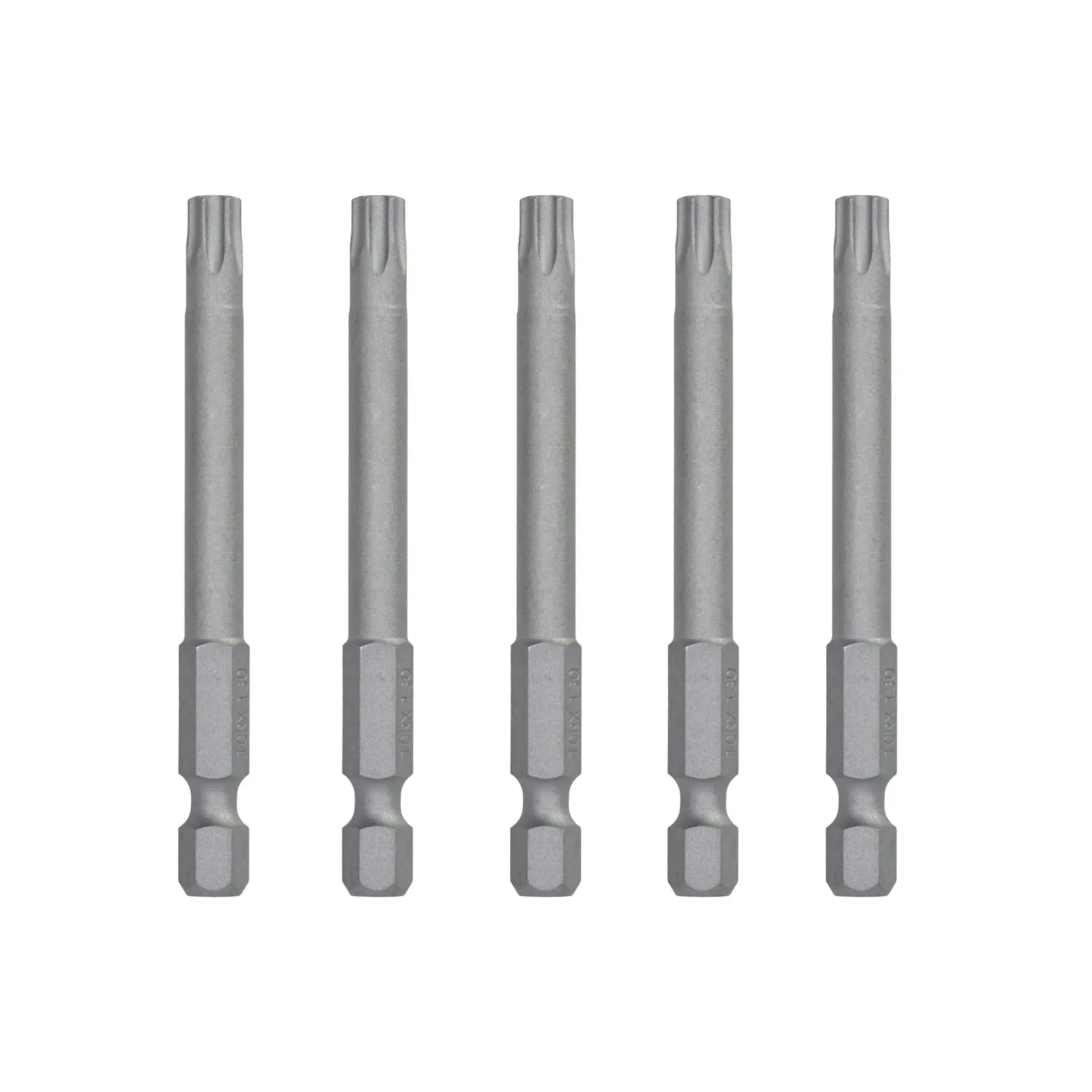 A set of five identical DEWALT screwdriver bits, each with a hex shank and a star-shaped tip, arranged vertically side by side on a white background.
