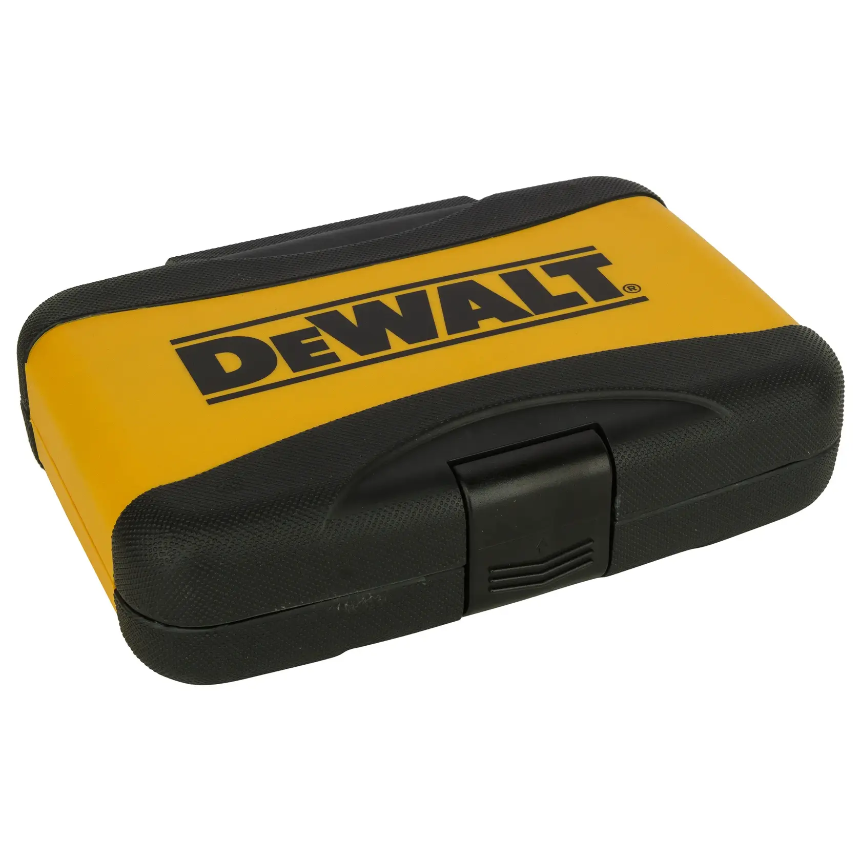 Photo of DEWALT tool case, yellow and black, with SKUs DT7506, DT7506-QZ, angled on white background.