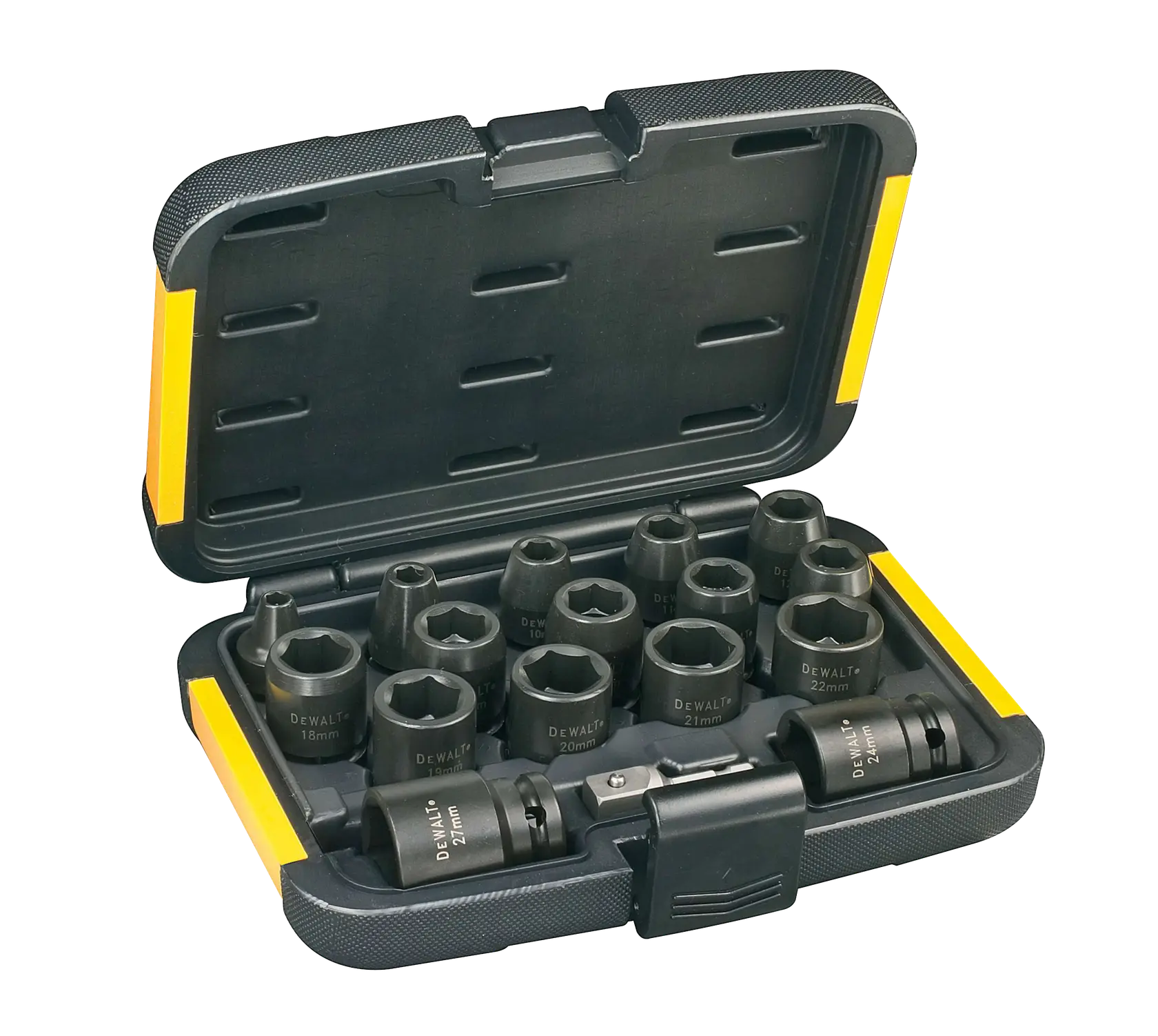 DEWALT socket set in black-yellow hard case, SKUs DT7506, DT7506-QZ, open top view on white background.