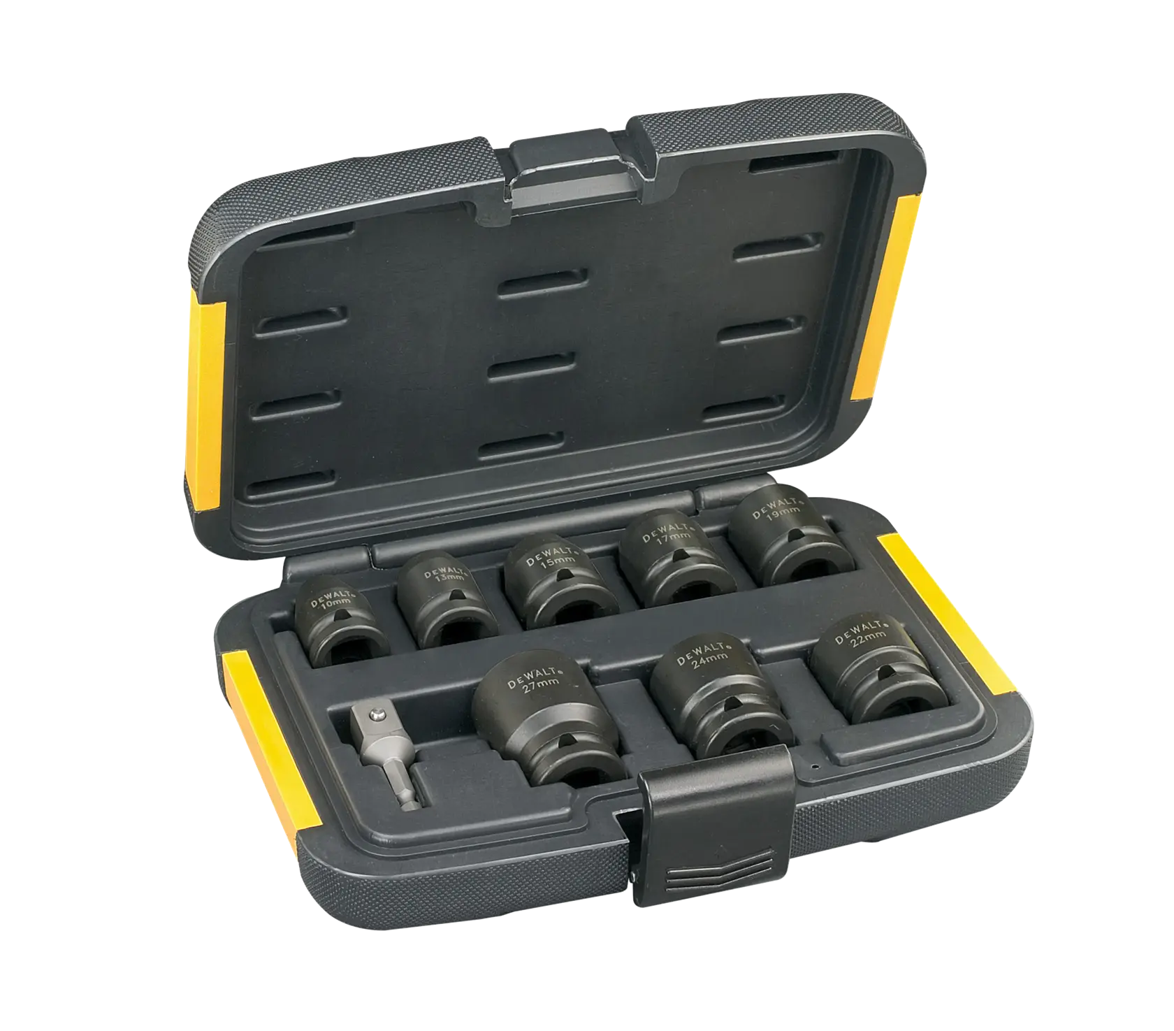 DEWALT socket set in a black and yellow carrying case, containing several sockets and a bit adapter.