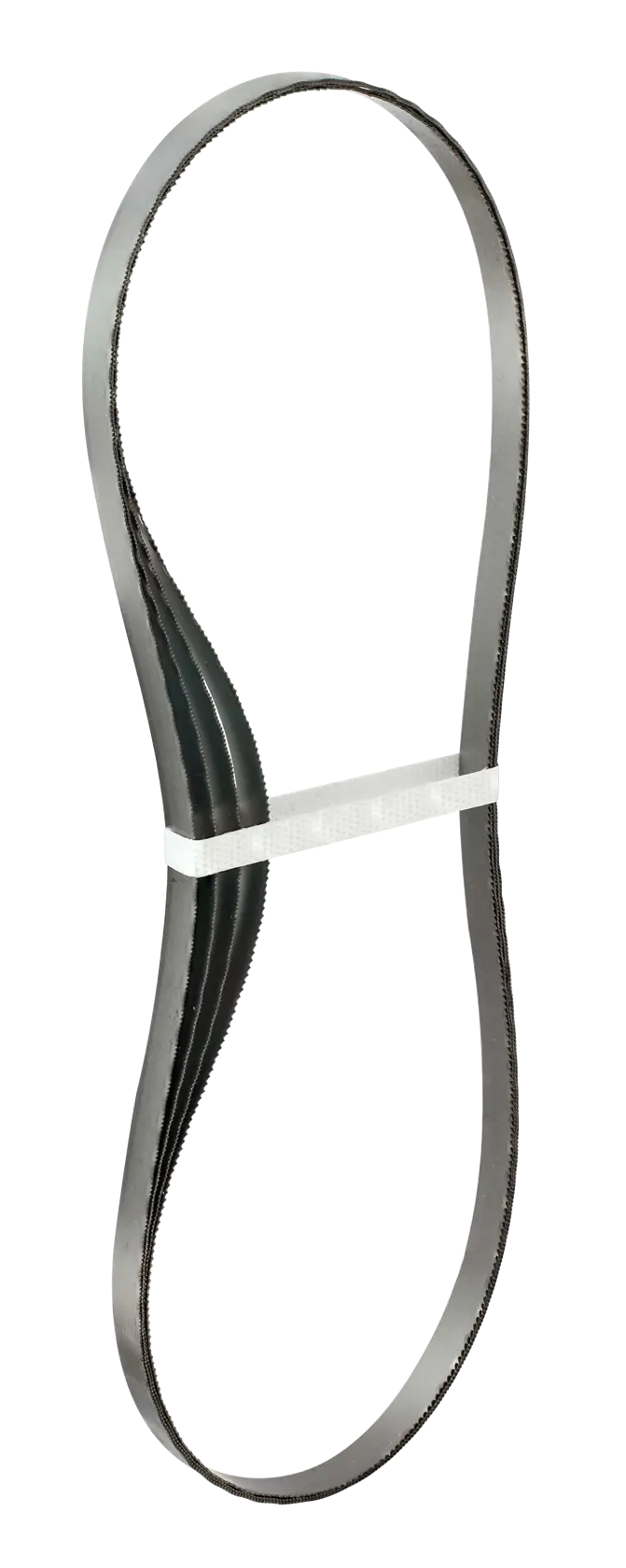 A metal band saw blade looped and held together by a white strap, shown against a plain white background.