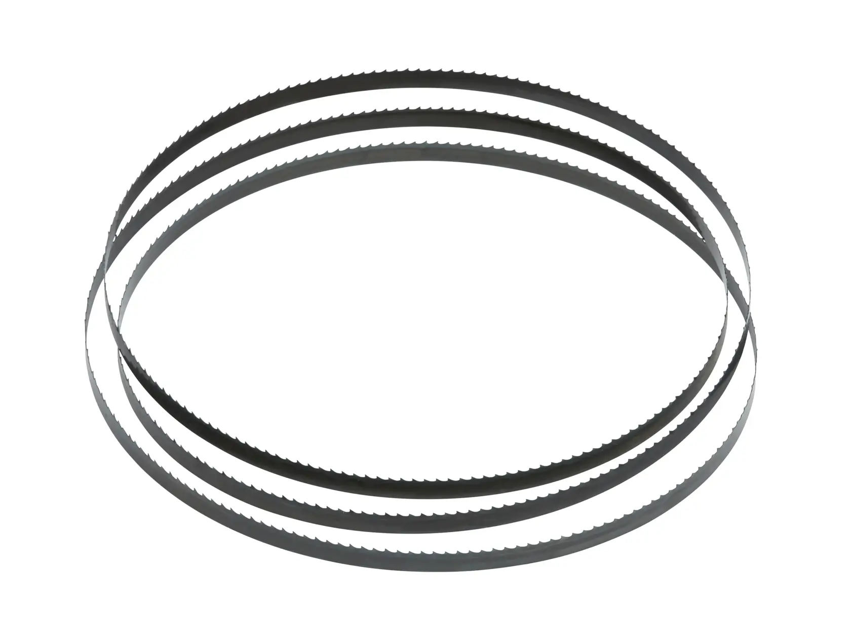 Three metal band saw blades with fine teeth, arranged in overlapping circular loops on a white background.