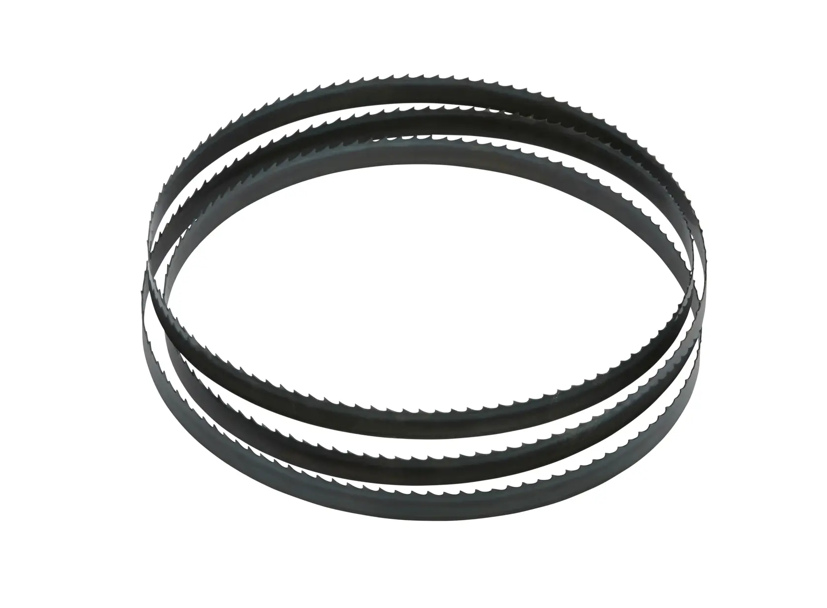 A DEWALT DT8474 band saw blade with sharp teeth, coiled in a circular shape, displayed against a white background.