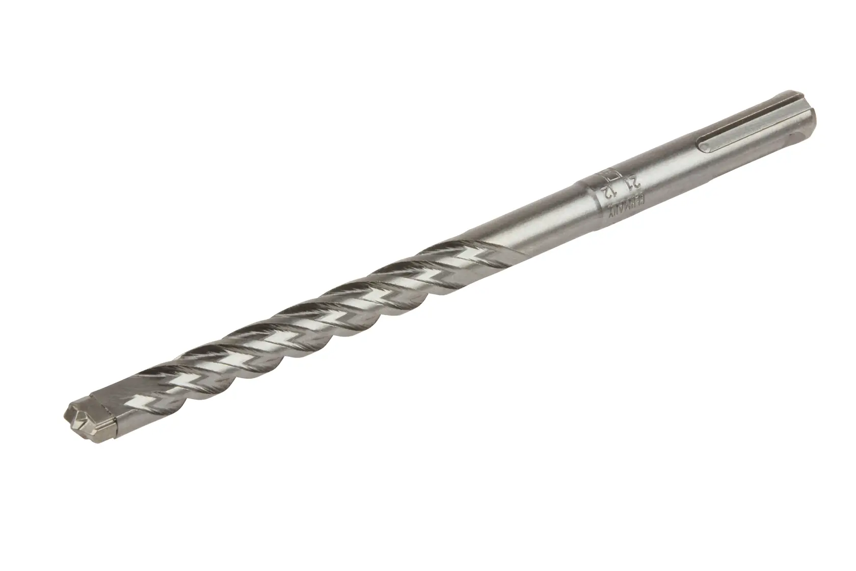 Una broca de metal DEWALT DT8929 con canal espiral y vástago SDS, mostrada aislada sobre fondo blanco.