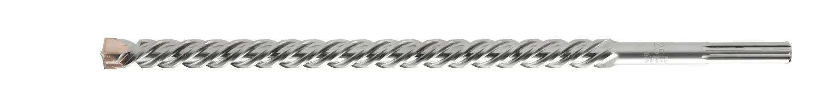 Ein DEWALT SDS-Max Hammerbohrer mit spiralförmigem Schaft und Hartmetallspitze, dargestellt vor weißem Hintergrund.