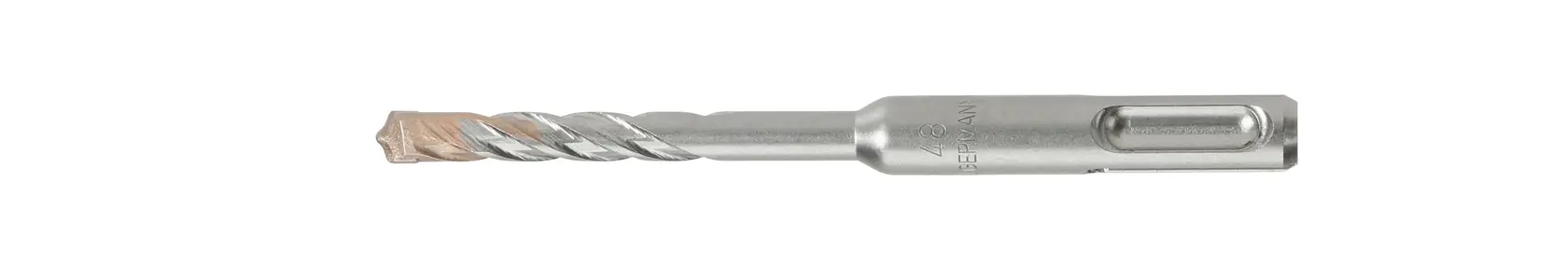 Una broca de metal para mampostería con ranura en espiral y vástago SDS, mostrada sobre un fondo blanco.