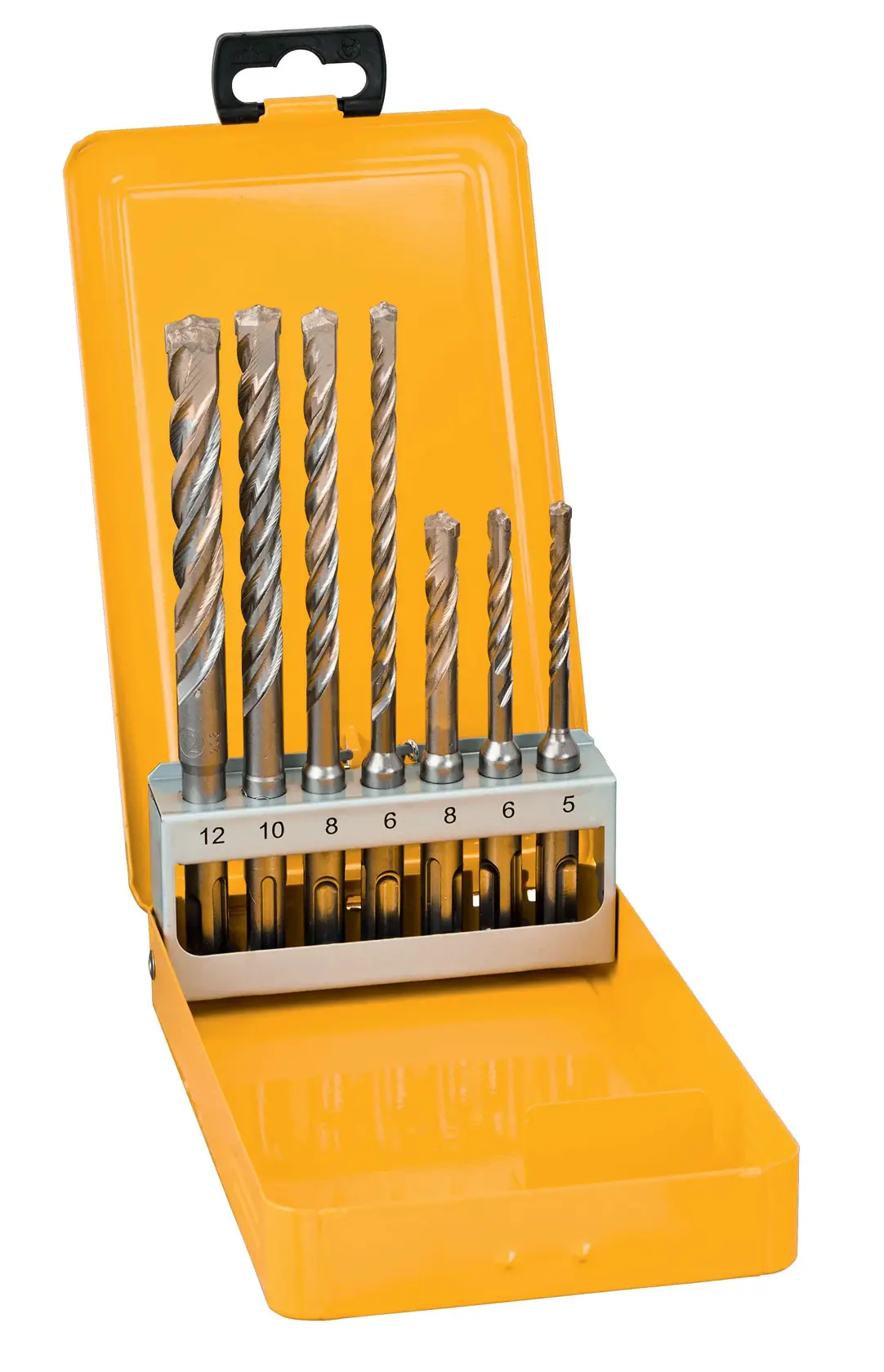 A yellow DEWALT case containing a set of masonry drill bits of various sizes, neatly organized in numbered slots ranging from size 5 to 12.