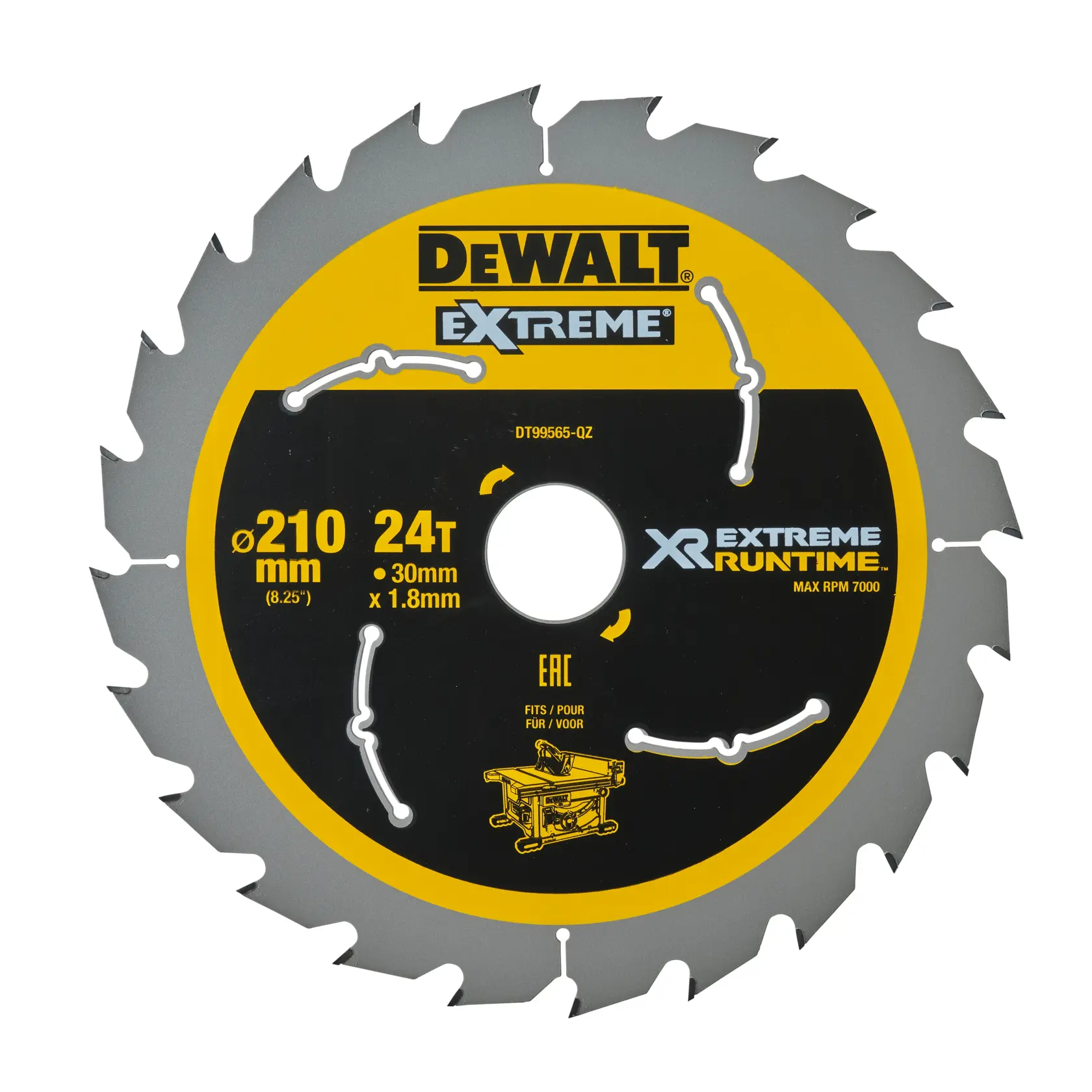DEWALT Extreme XR Runtime circular saw blade, model DT99565, with 24 teeth, 210 mm diameter, 30 mm bore, and 1.8 mm thickness, suitable for table saws.