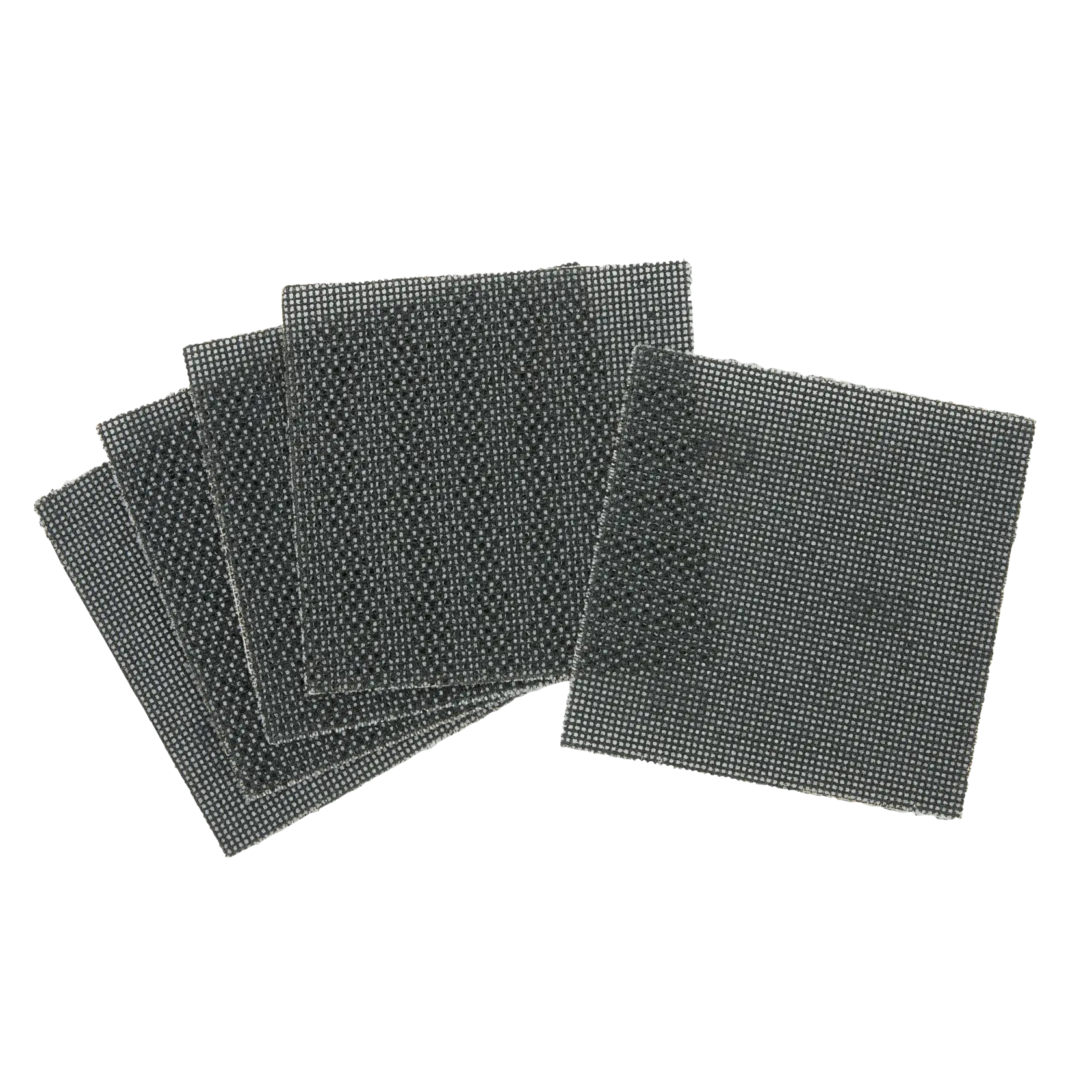 A set of five square mesh sanding sheets arranged in a fanned-out pattern, shown against a white background.