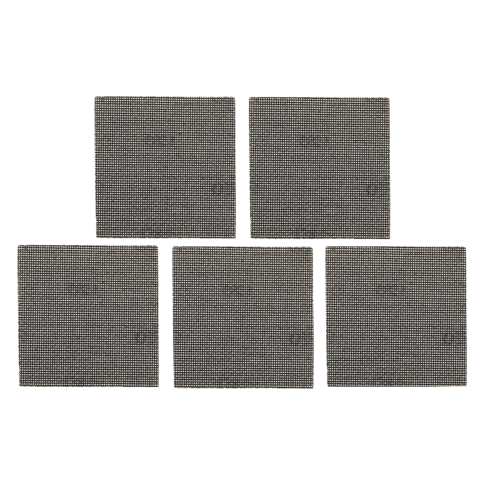 Five square mesh sanding sheets arranged in a grid pattern on a white background.