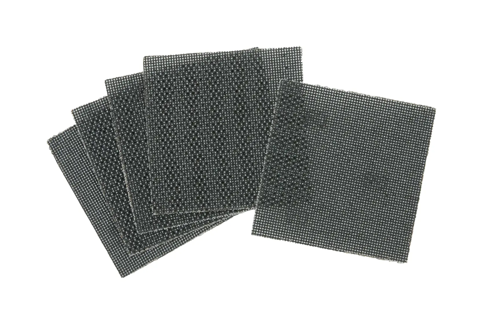 Five square mesh sanding sheets arranged in a fanned layout on a white background.