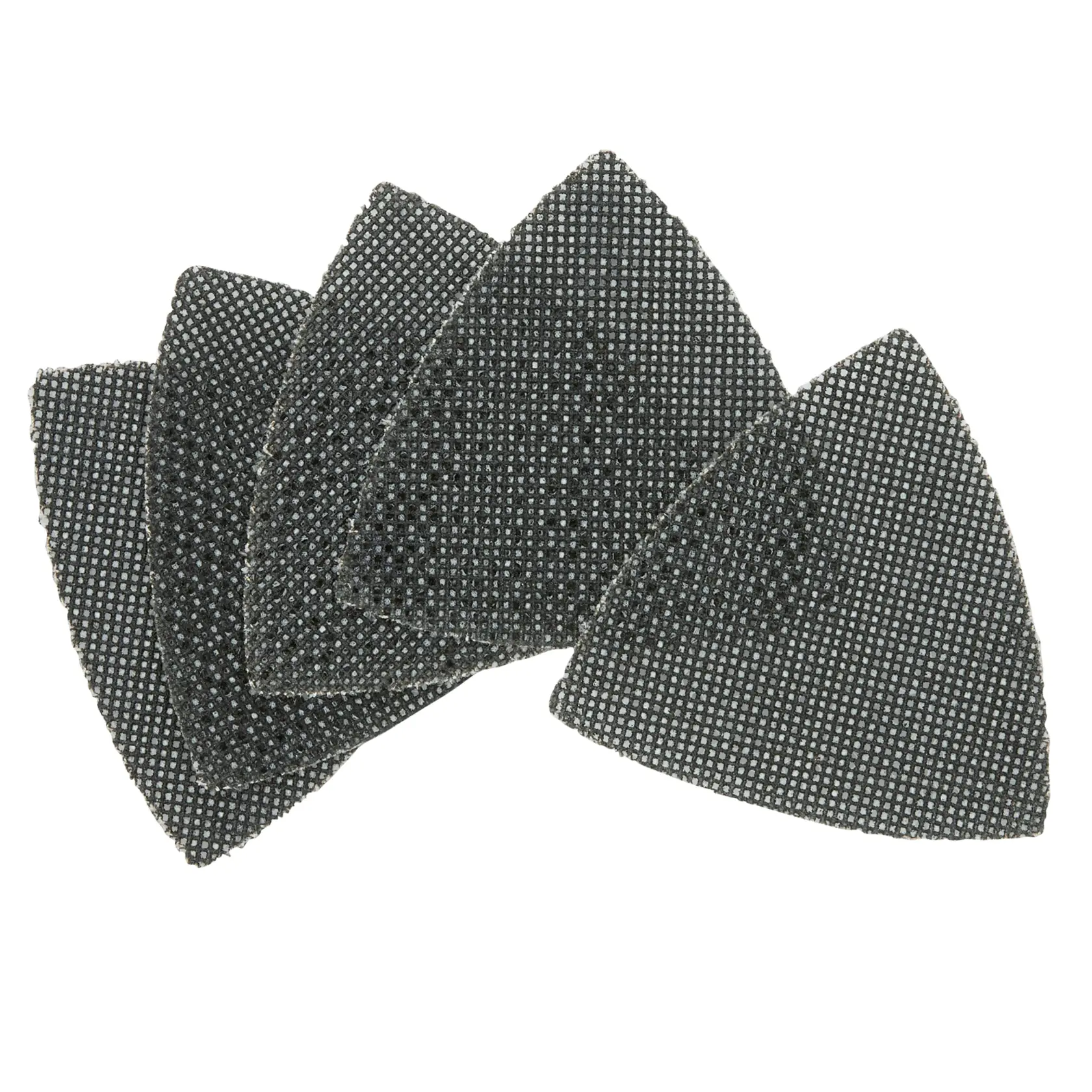 Set of five triangular mesh sanding sheets, arranged in a fanned-out pattern. The sheets are dark in color and designed for use with power tools.