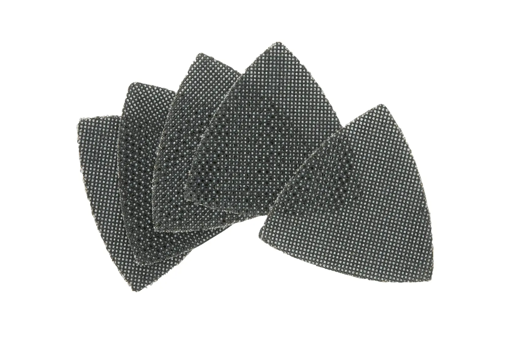 A set of five triangular mesh sanding sheets, arranged in a fanned-out display, used for sanding and finishing surfaces.