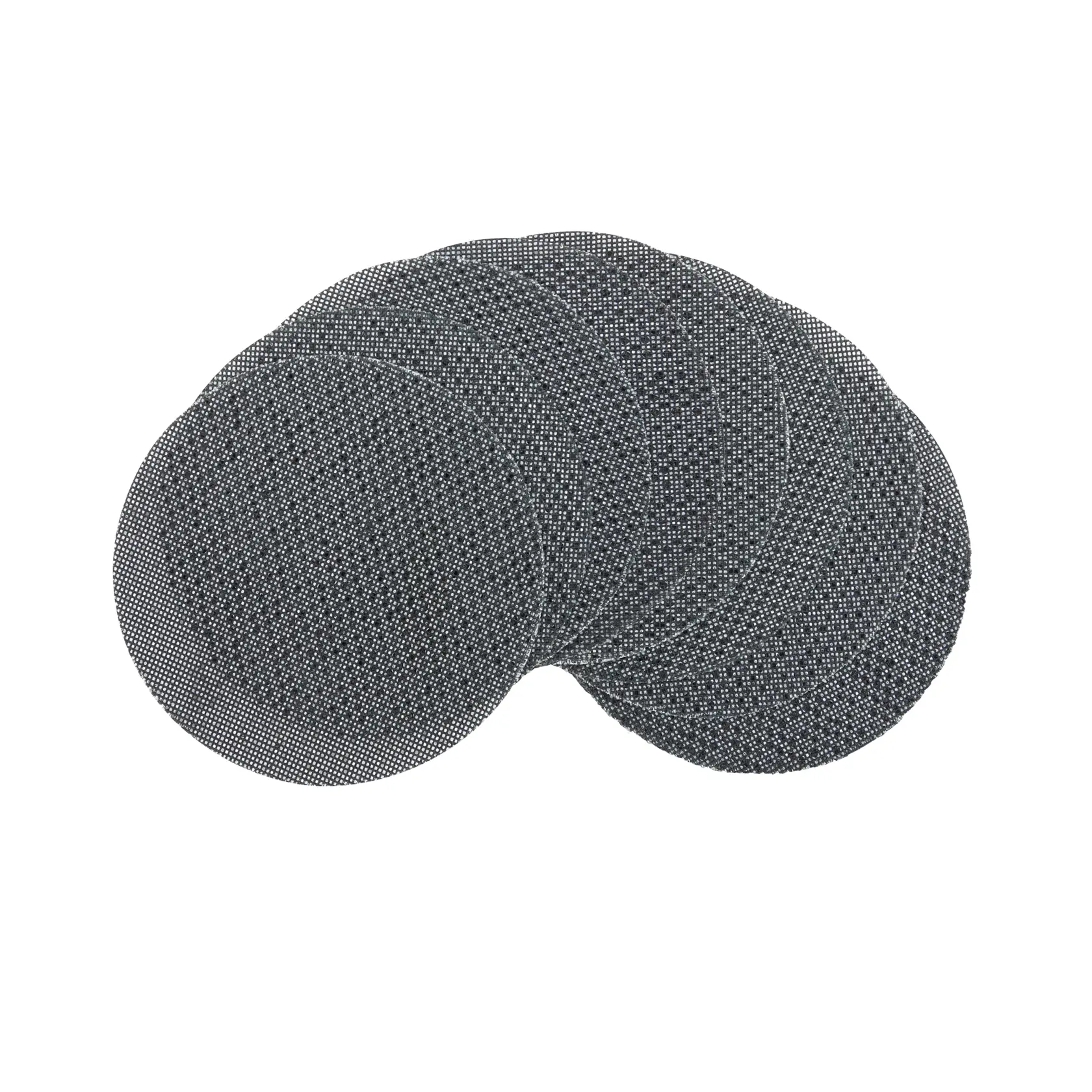 A set of round mesh sanding discs displayed overlapping on a white background.