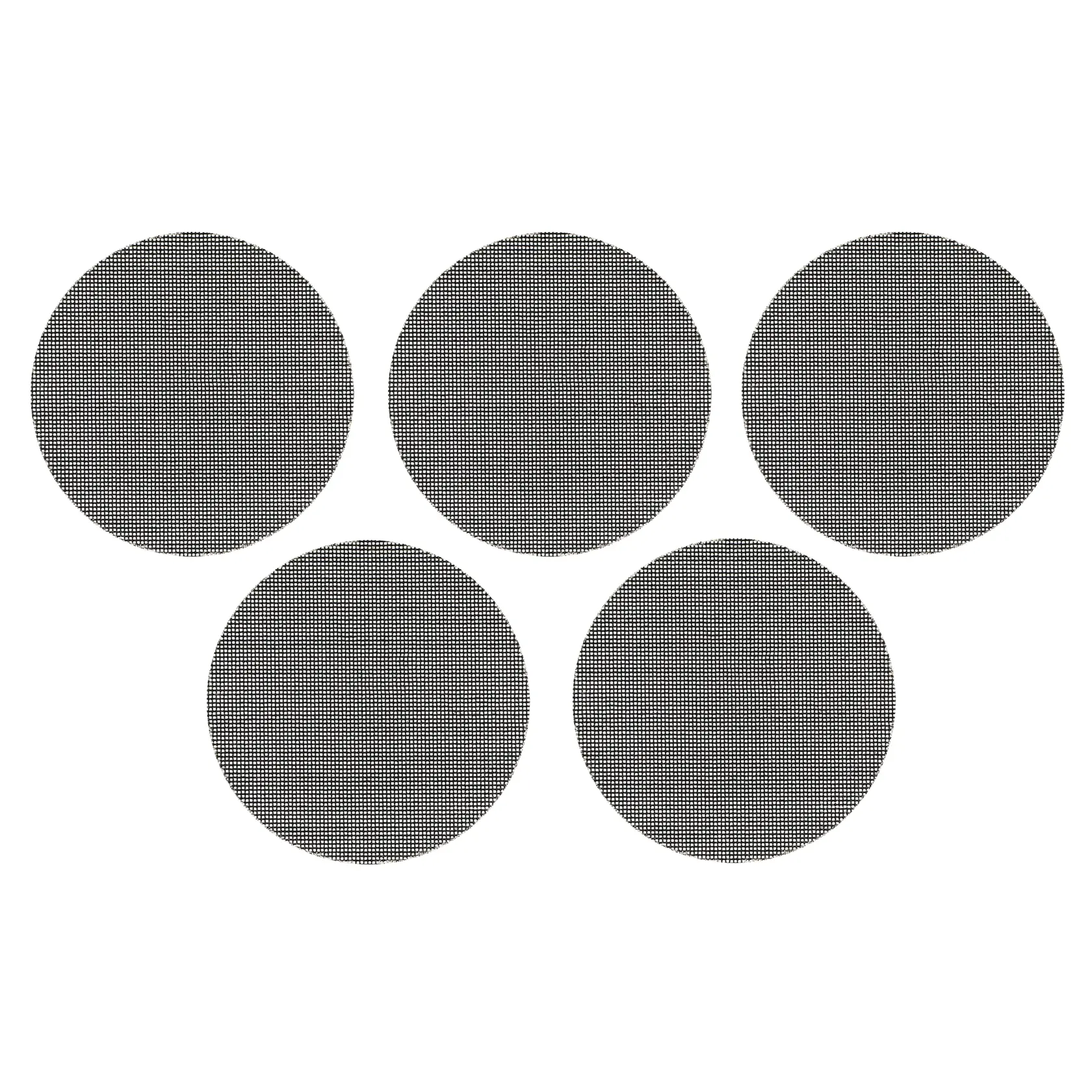 Five round mesh sanding discs arranged in a V shape on a white background.