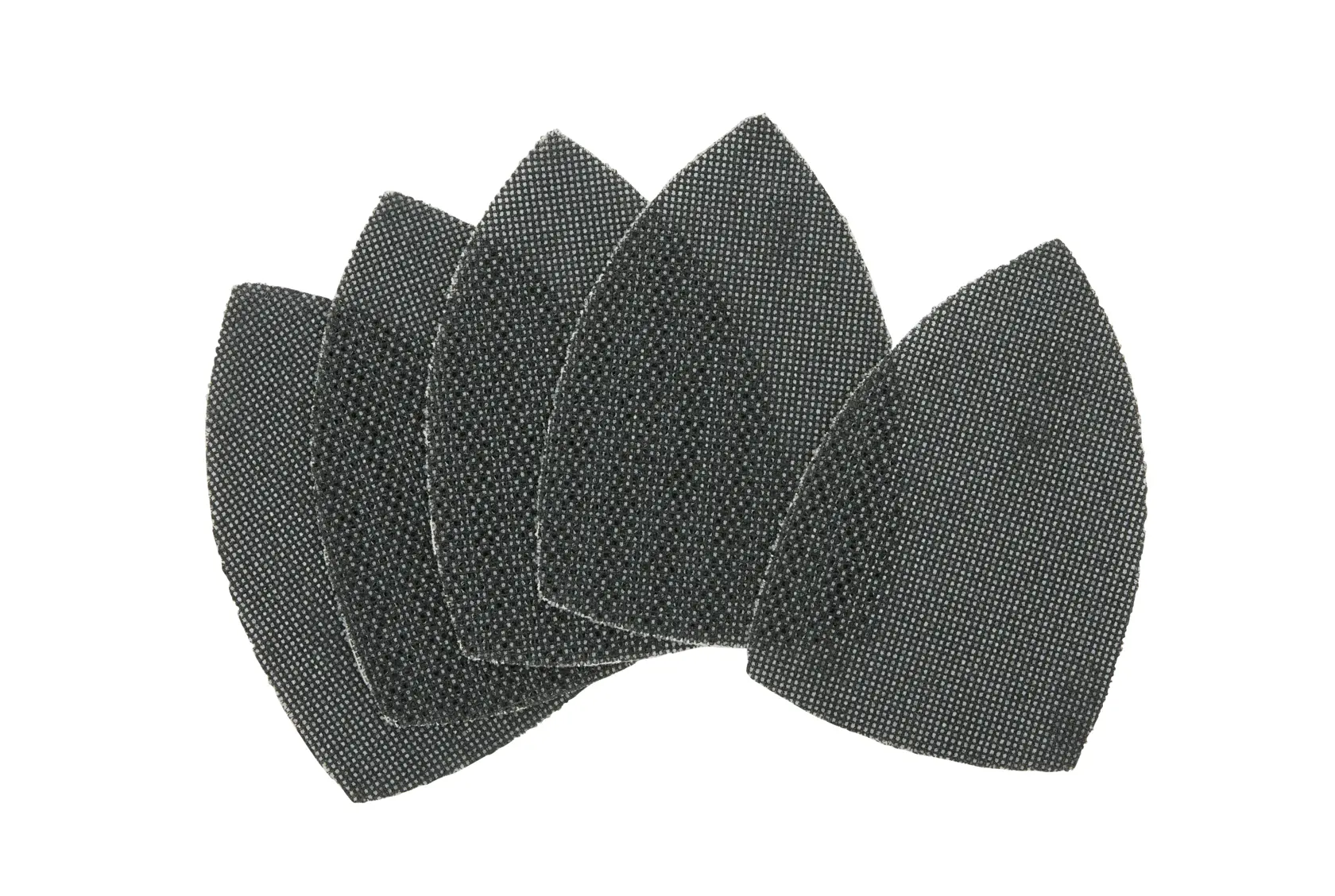 Five DEWALT triangular mesh sanding sheets, arranged in a fan shape, designed for use with multifunction tools.