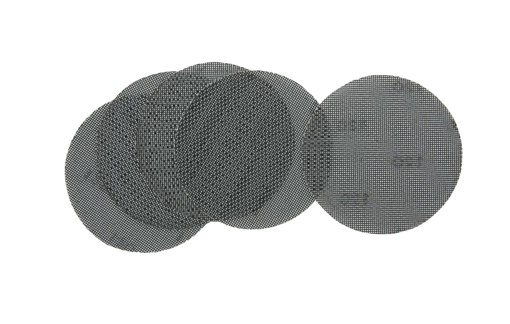 A set of five round mesh sanding discs arranged in a slightly overlapping pattern, shown on a white background.