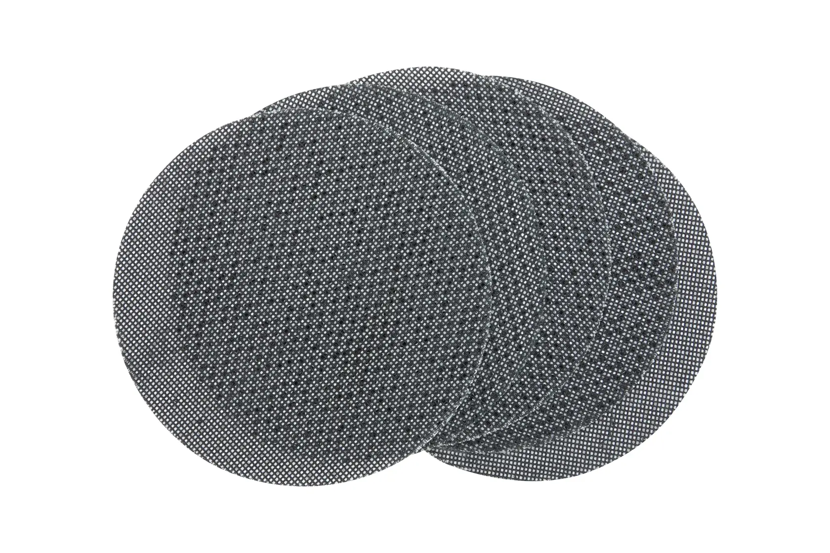 Three round mesh sanding discs are stacked and overlapping, shown on a white background.