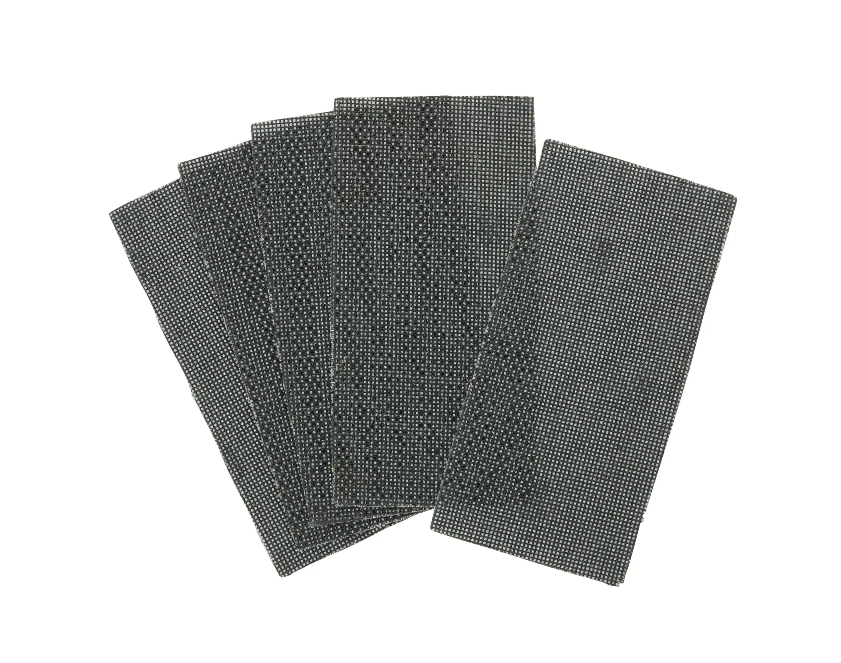 A set of five rectangular black sanding mesh sheets, slightly fanned out and stacked together, used for surface sanding in woodworking or construction.