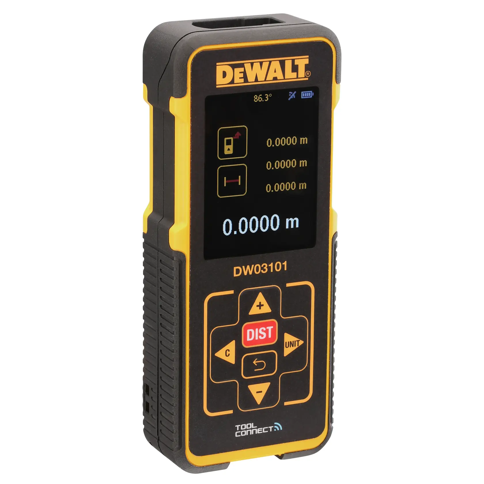 A DEWALT DW03101 handheld digital laser distance measurer with a black and yellow body, a screen displaying measurement values in meters, and several control buttons below the display.